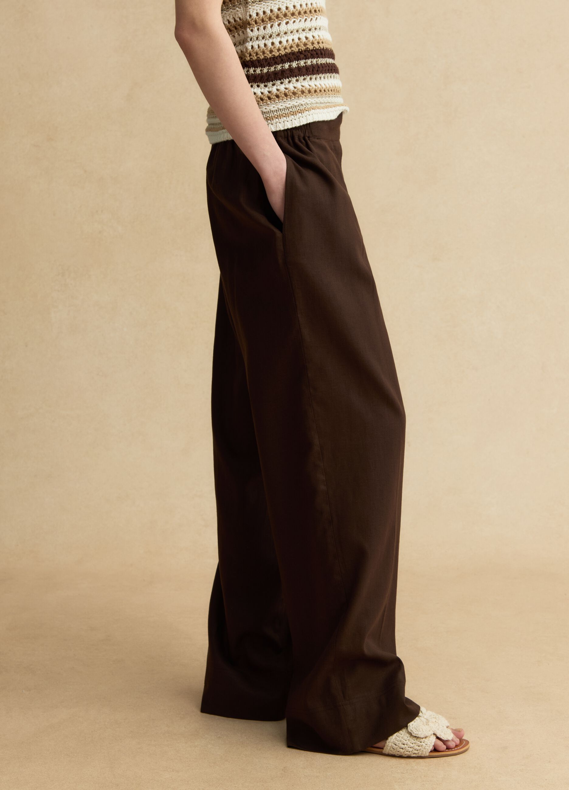 Brown wide leg linen blend trousers