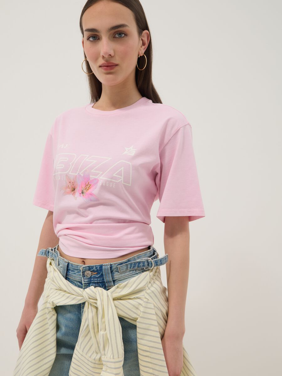 White pure cotton T-shirt with slogan, relaxed fit_0