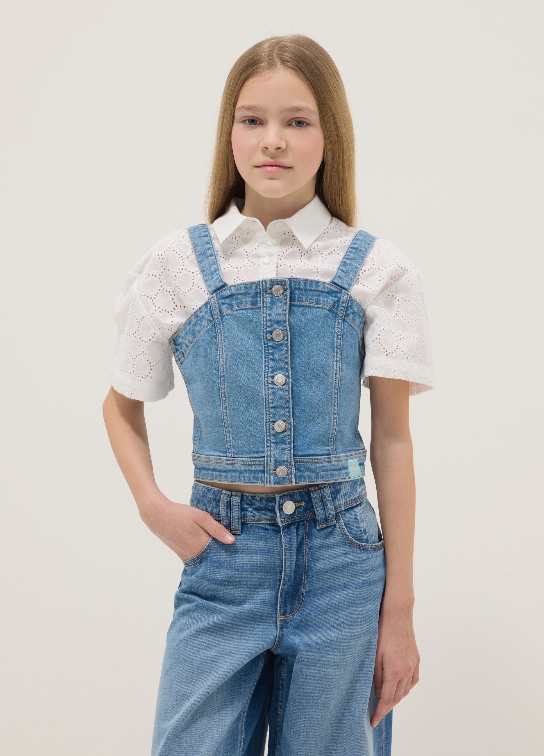 Blue Stretch Denim Cotton Crop Top for Girls Slim Fit