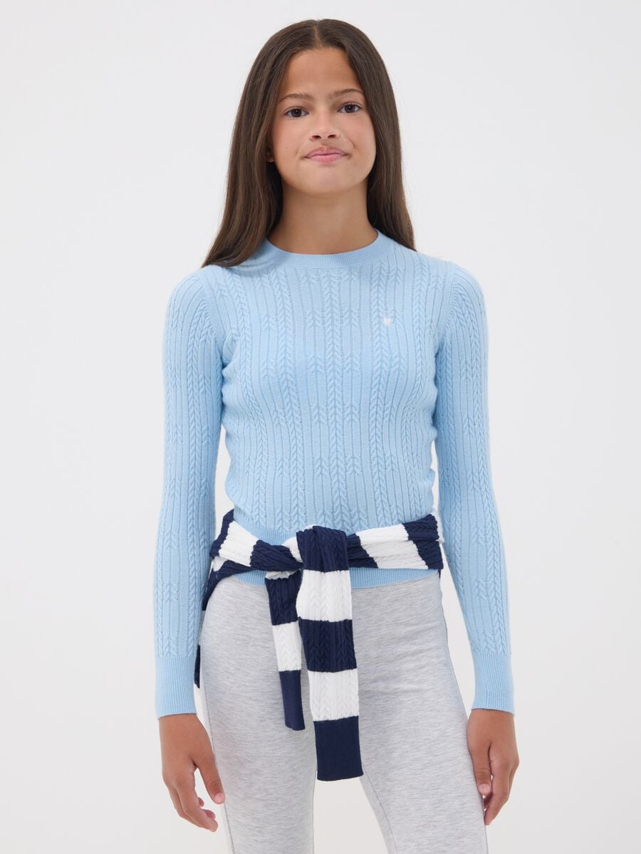 Maglia fitted azzurra in misto viscosa a trecce con girocollo per ragazza_1