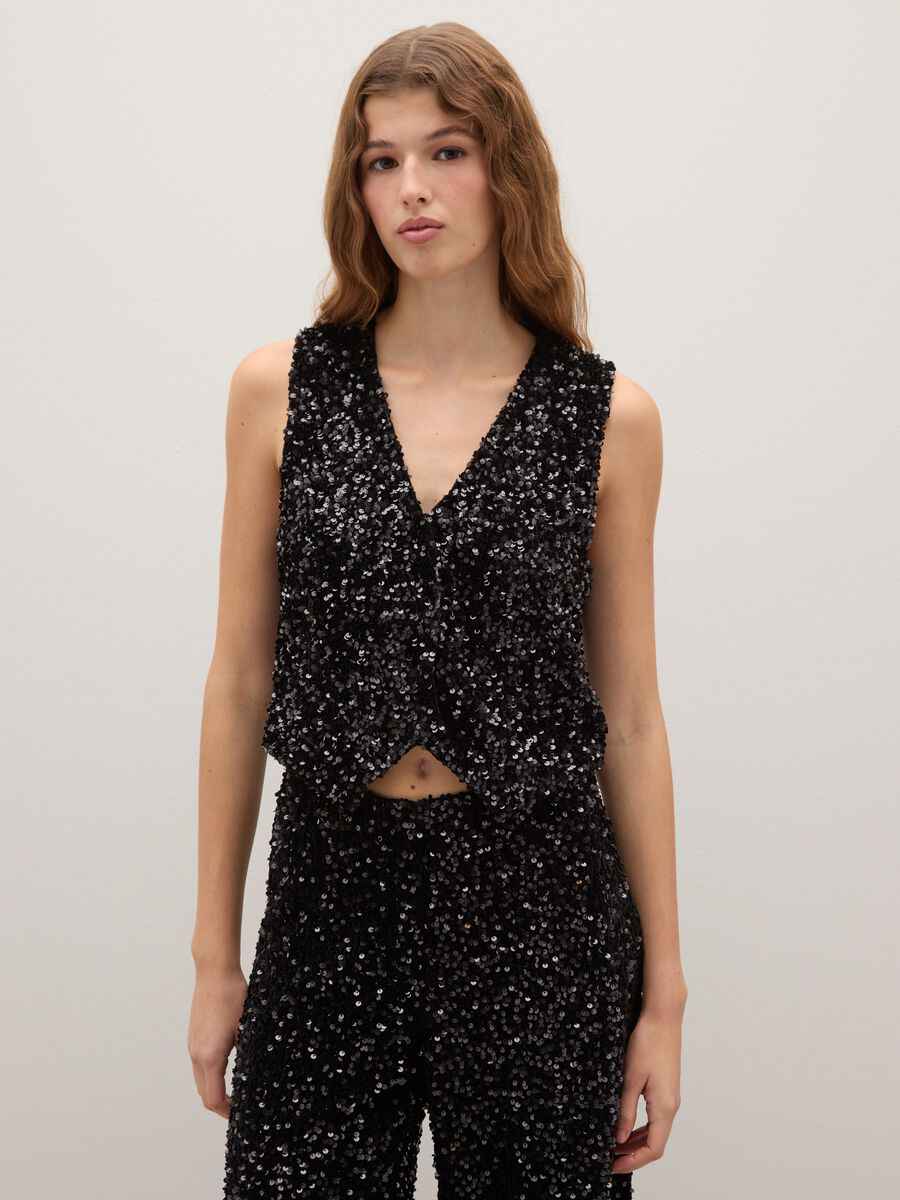 Black regular fit waistcoat with sequins_1