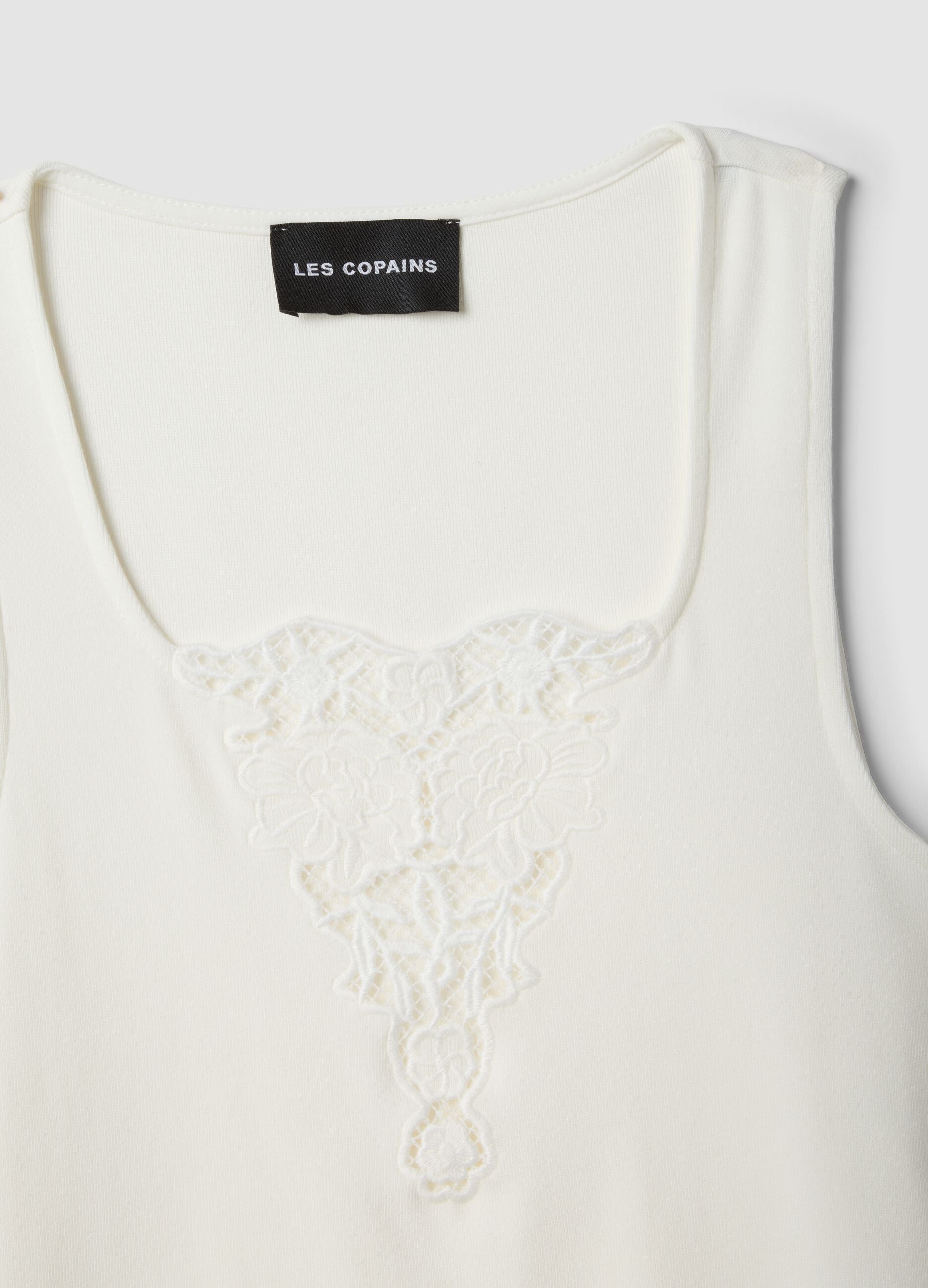 White stretch viscose tank top with embroidered detail