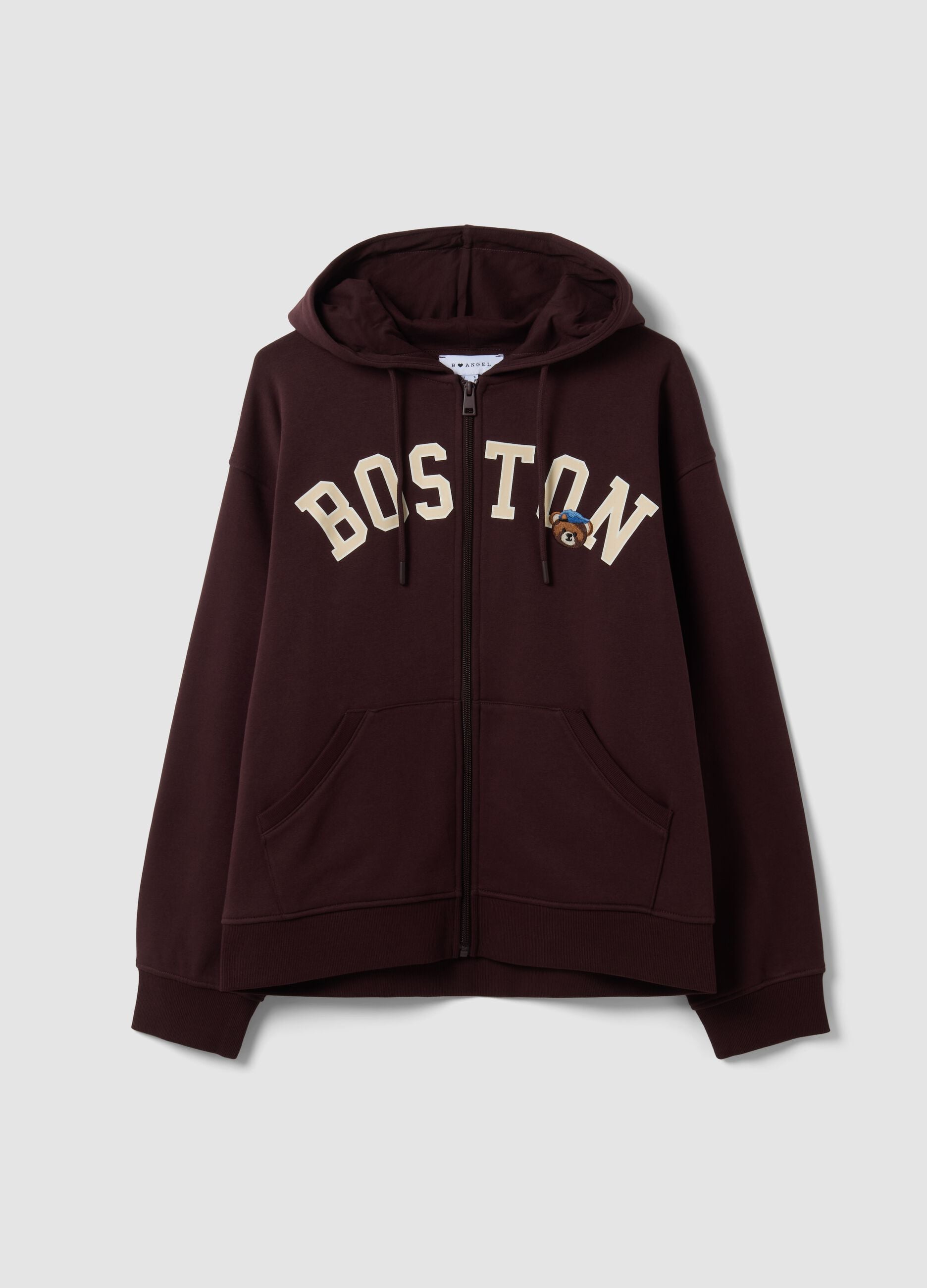 Brown cotton-blend hoodie with "Boston" slogan, relaxed fit