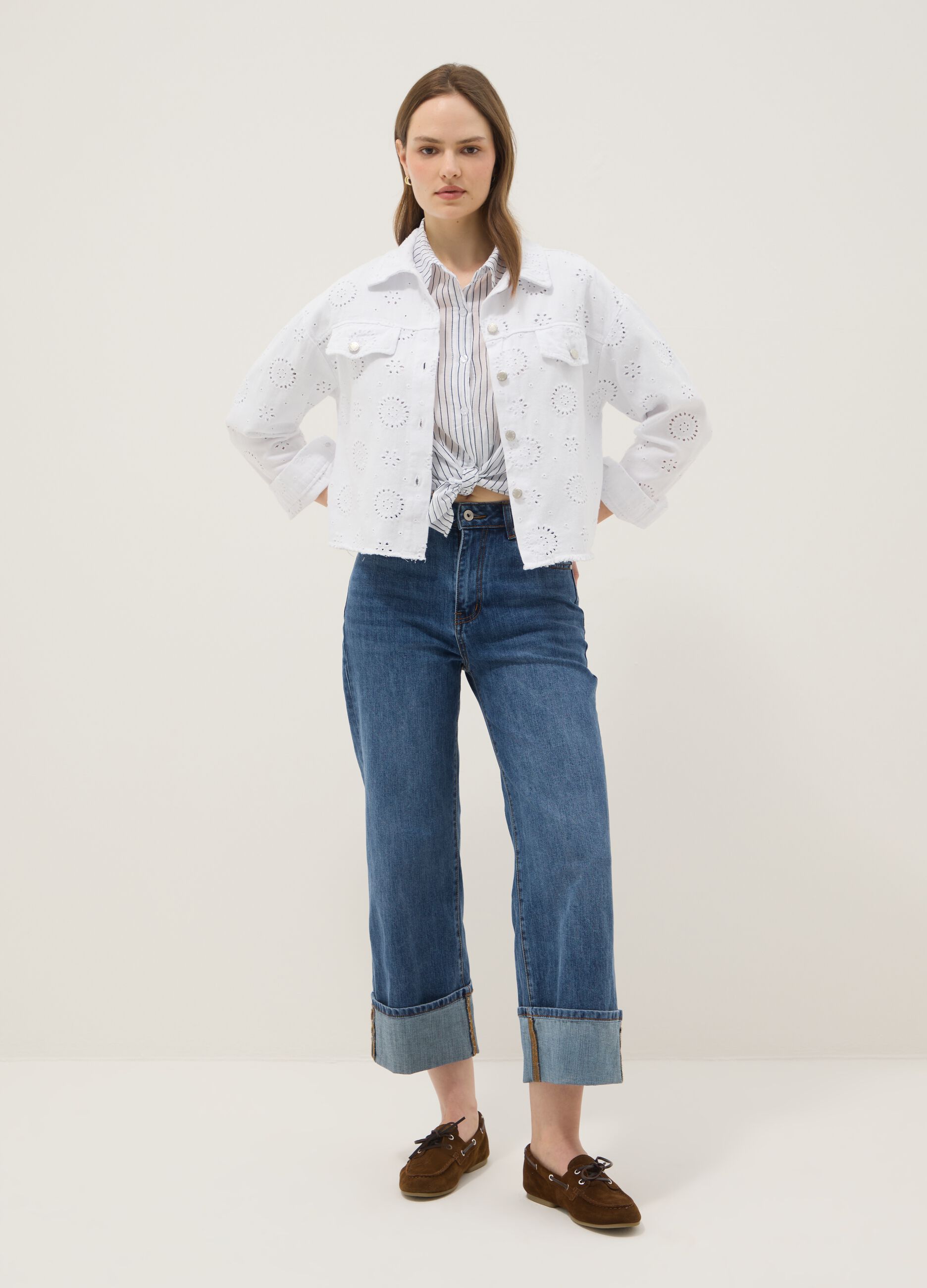 White pure cotton jacket with Broderie Anglaise embroidery, regular fit