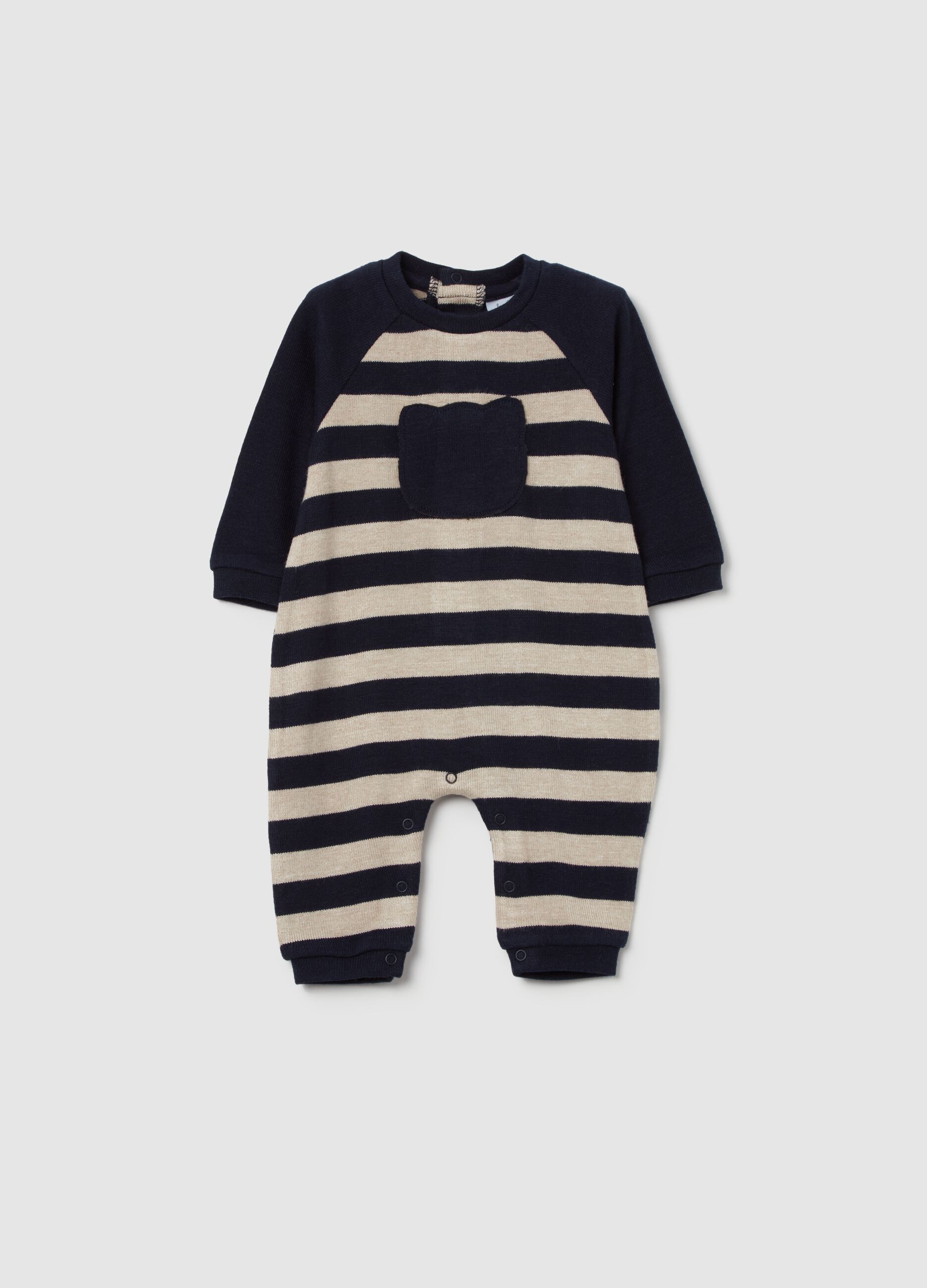 Striped knit onesie with teddy bear