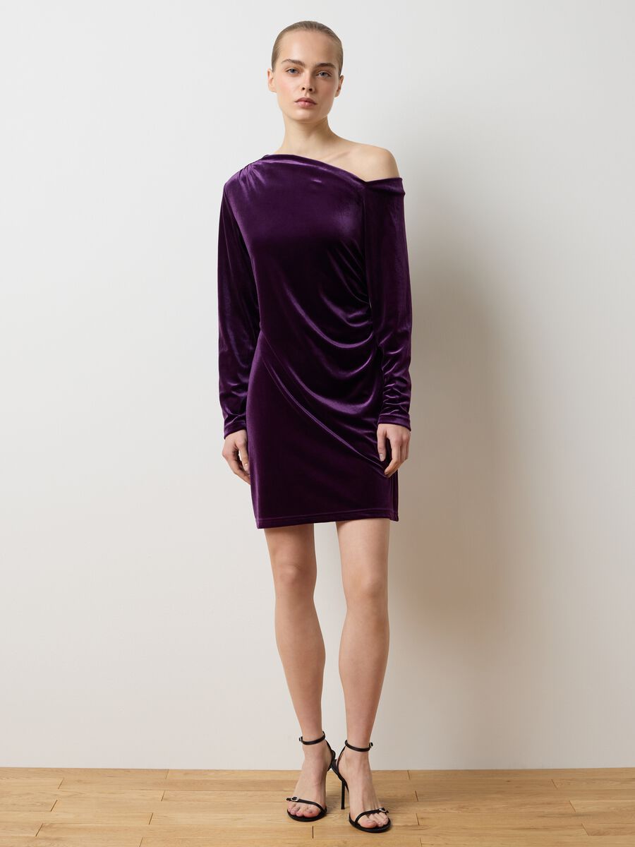 Purple velvet slim fit dress with draping_1