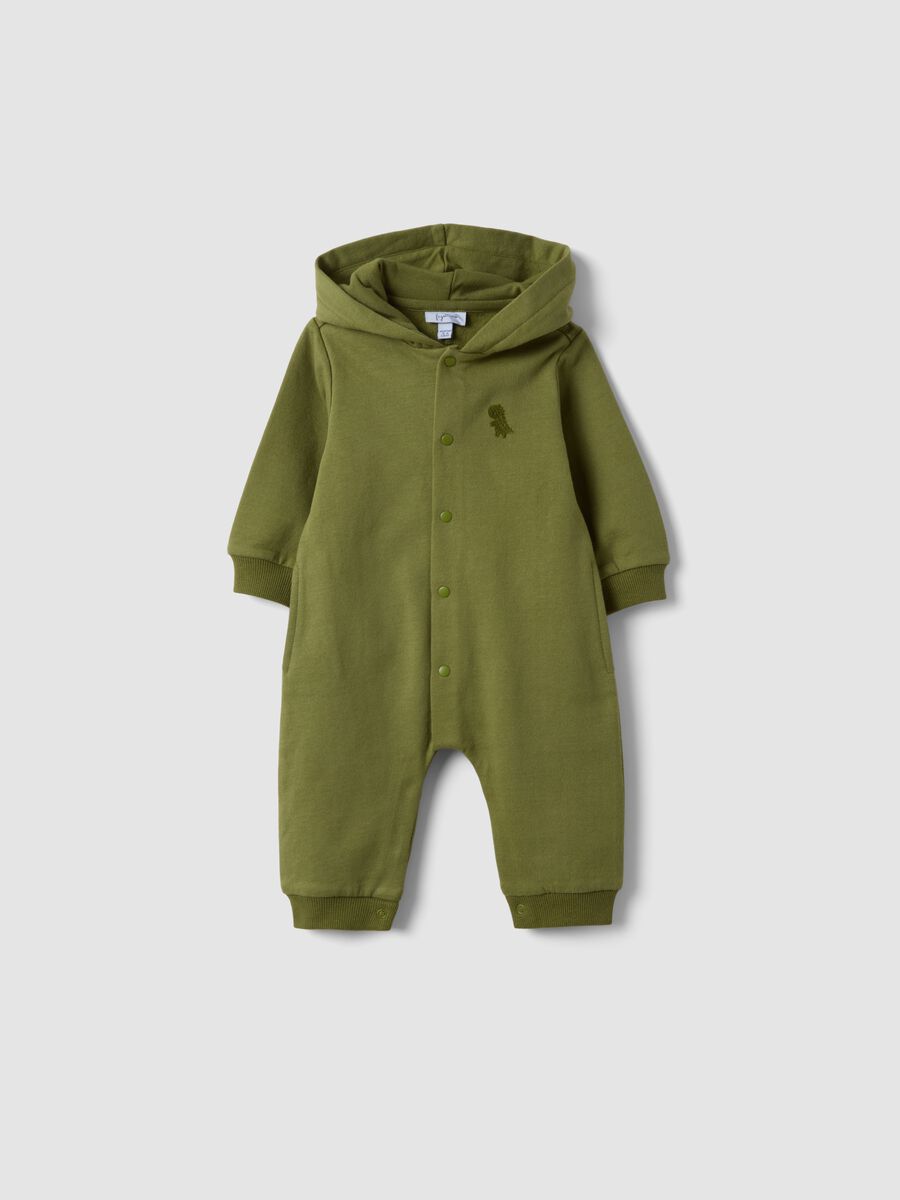 Tutina verde con cappuccio in puro cotone organico a forma di dinosauro_0