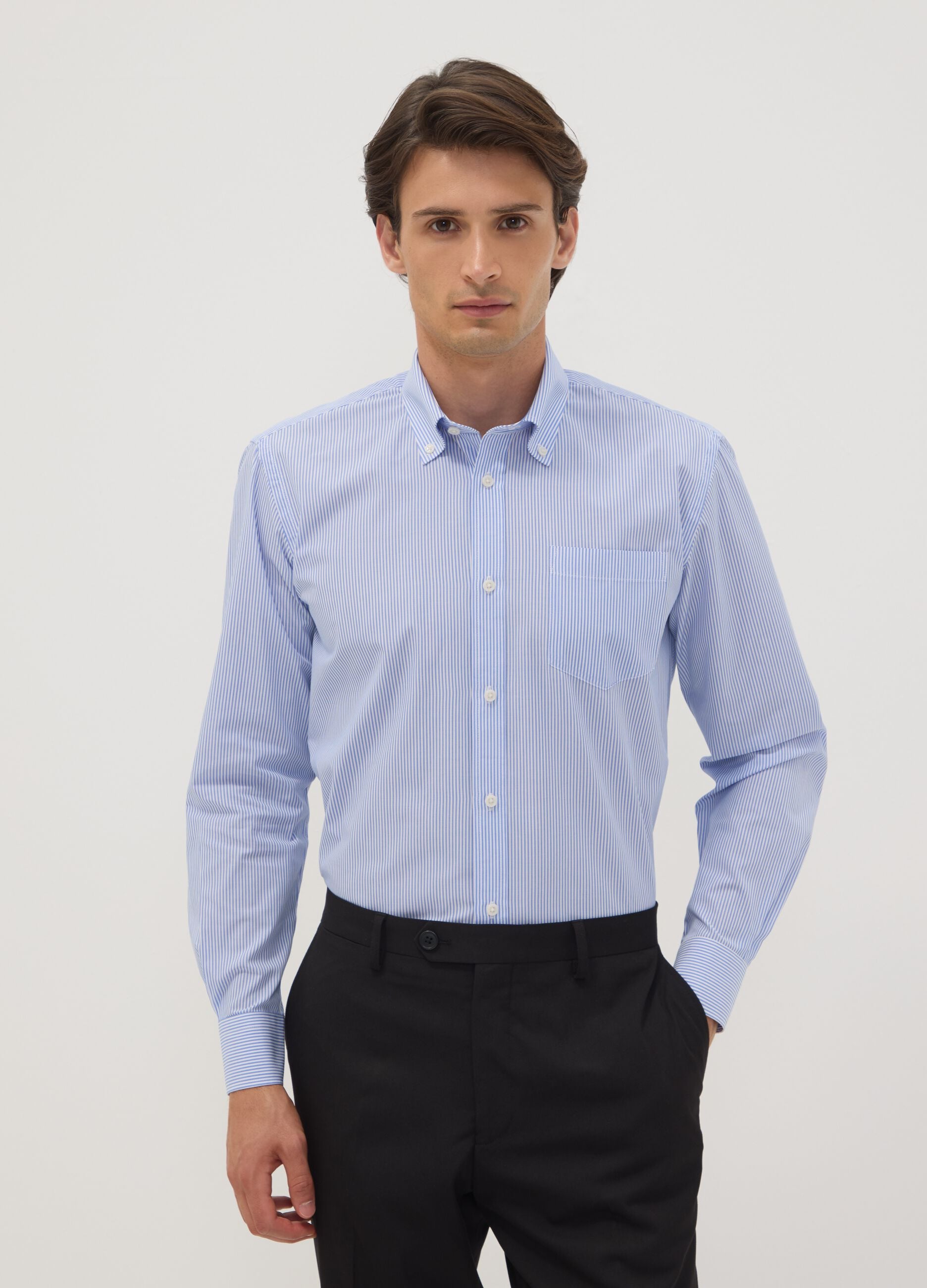 Blue striped cotton-blend shirt with button-down collar, easy-iron, regular fit