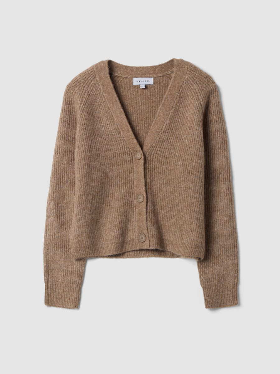Brown stretch wool oversized cardigan with deep V-neck_0