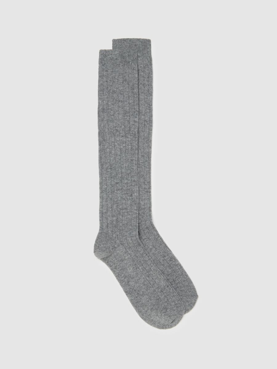 Grey Ribbed Knee-High Socks_0