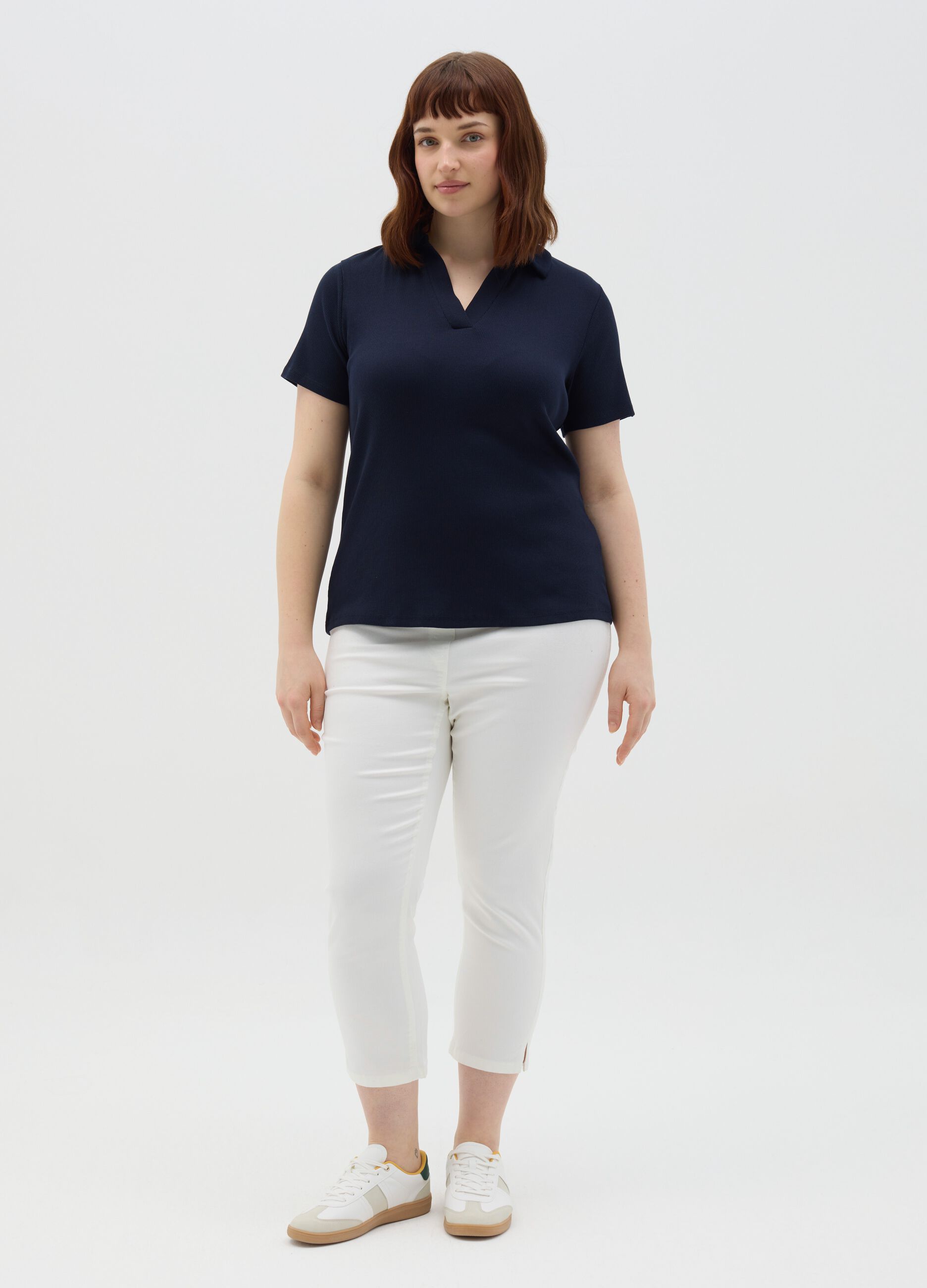 Curvy ribbed top with polo neckline