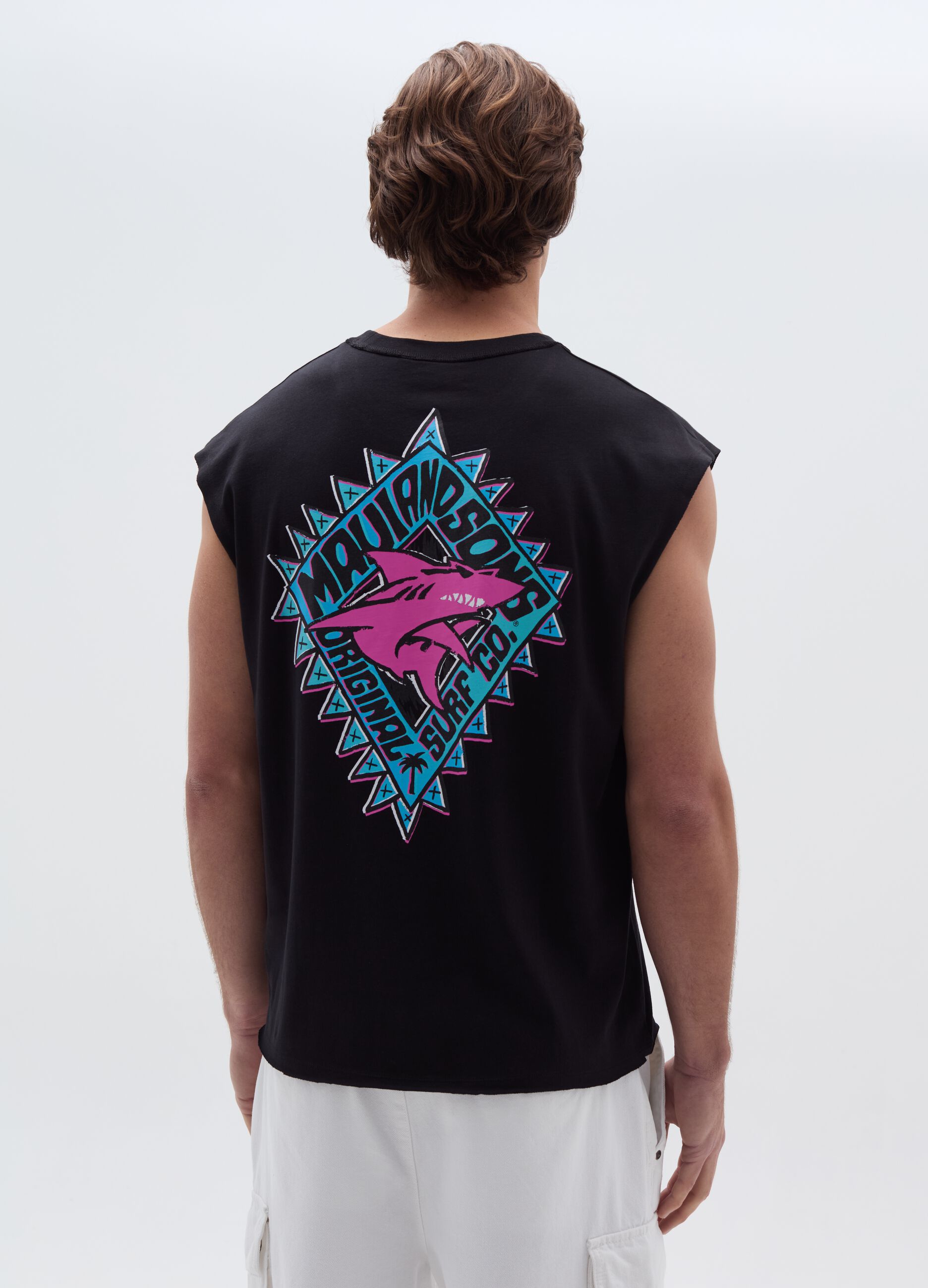 Tank top con stampa logo e squalo
