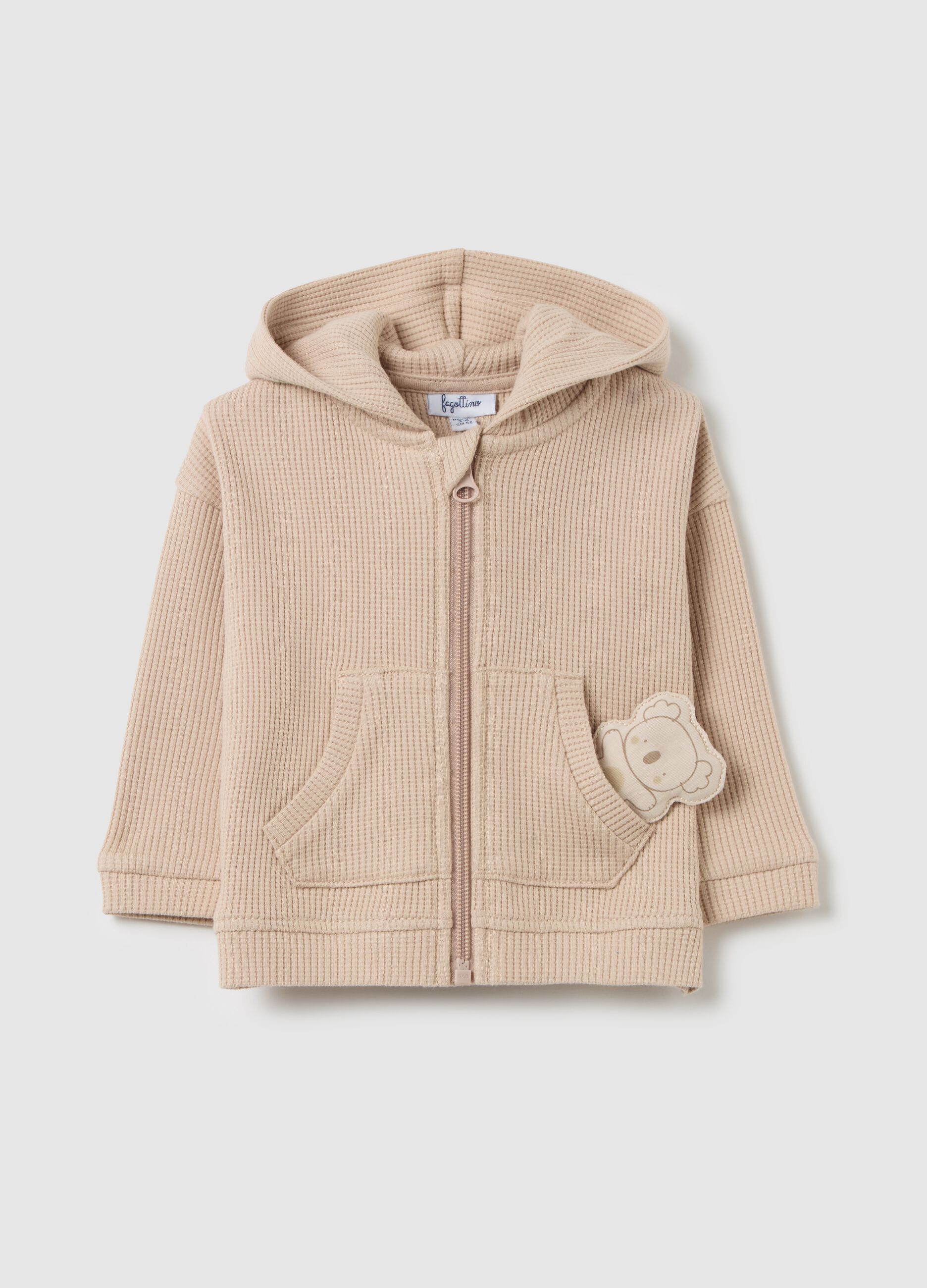 Full-zip waffle sweatshirt with hood and koala
