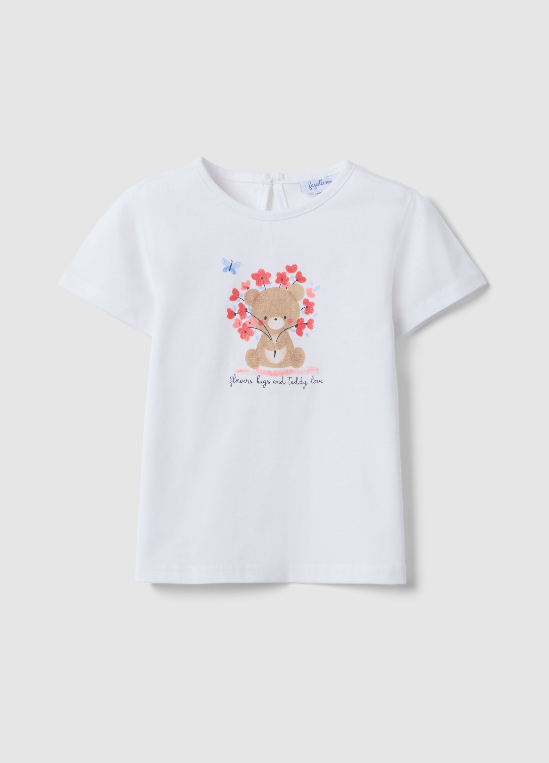 White pure cotton girl's t-shirt regular fit with teddy bear