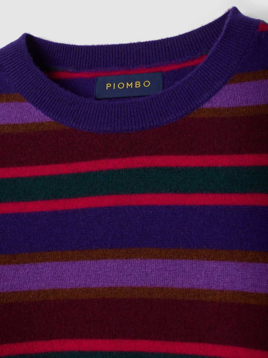 Dark purple pure wool crew-neck jumper with multicolour stripes, regular fit_2