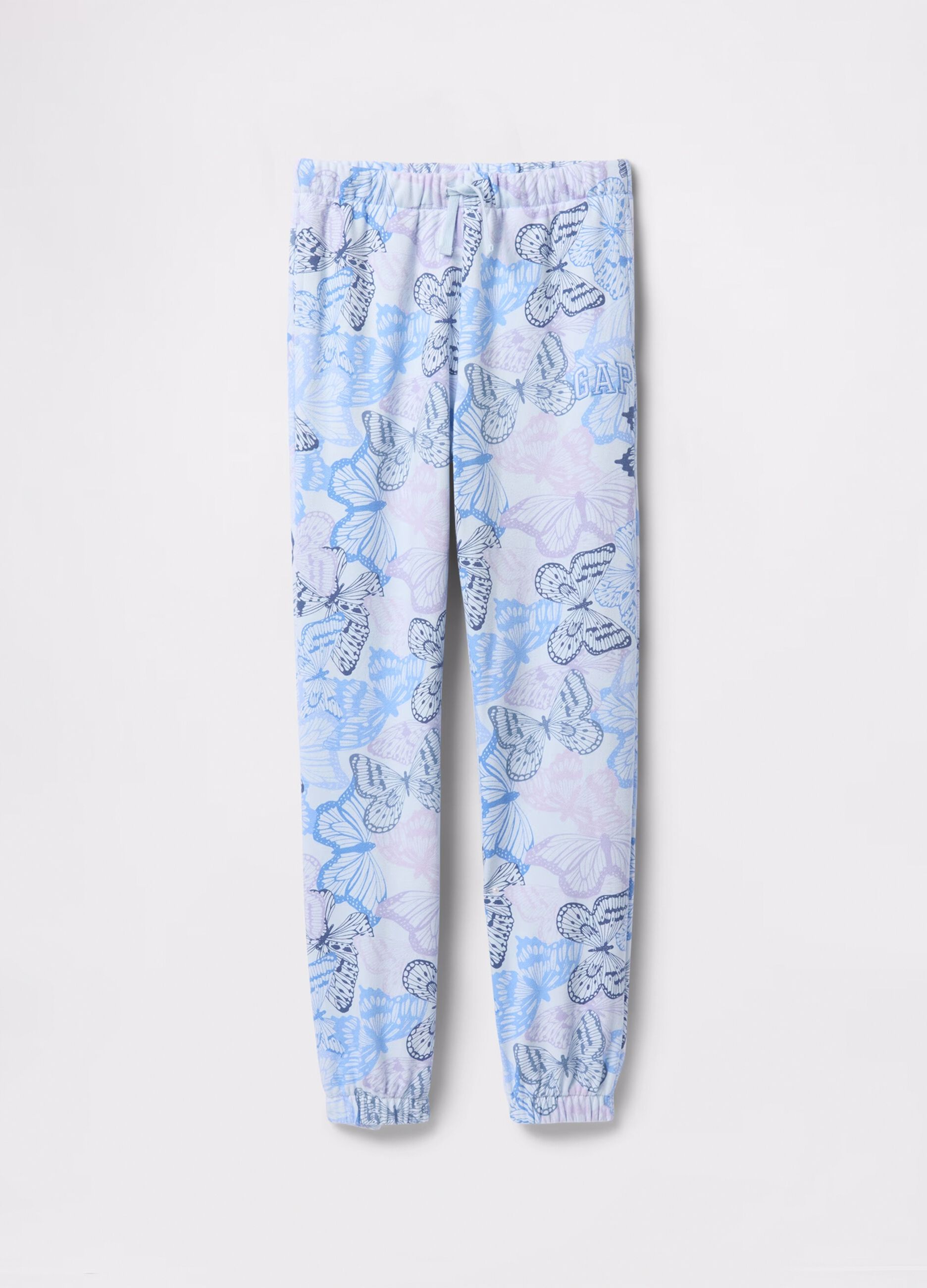Light blue joggers with drawstring, logo embroidery and butterflies print