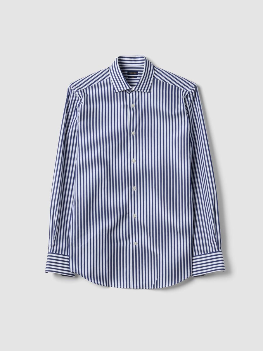 Camicia blu a righe in puro cotone_0