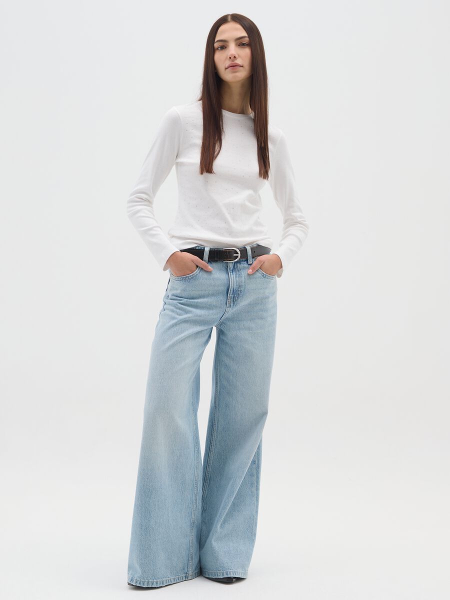 White long-sleeve regular fit pure cotton top with rhinestones_1