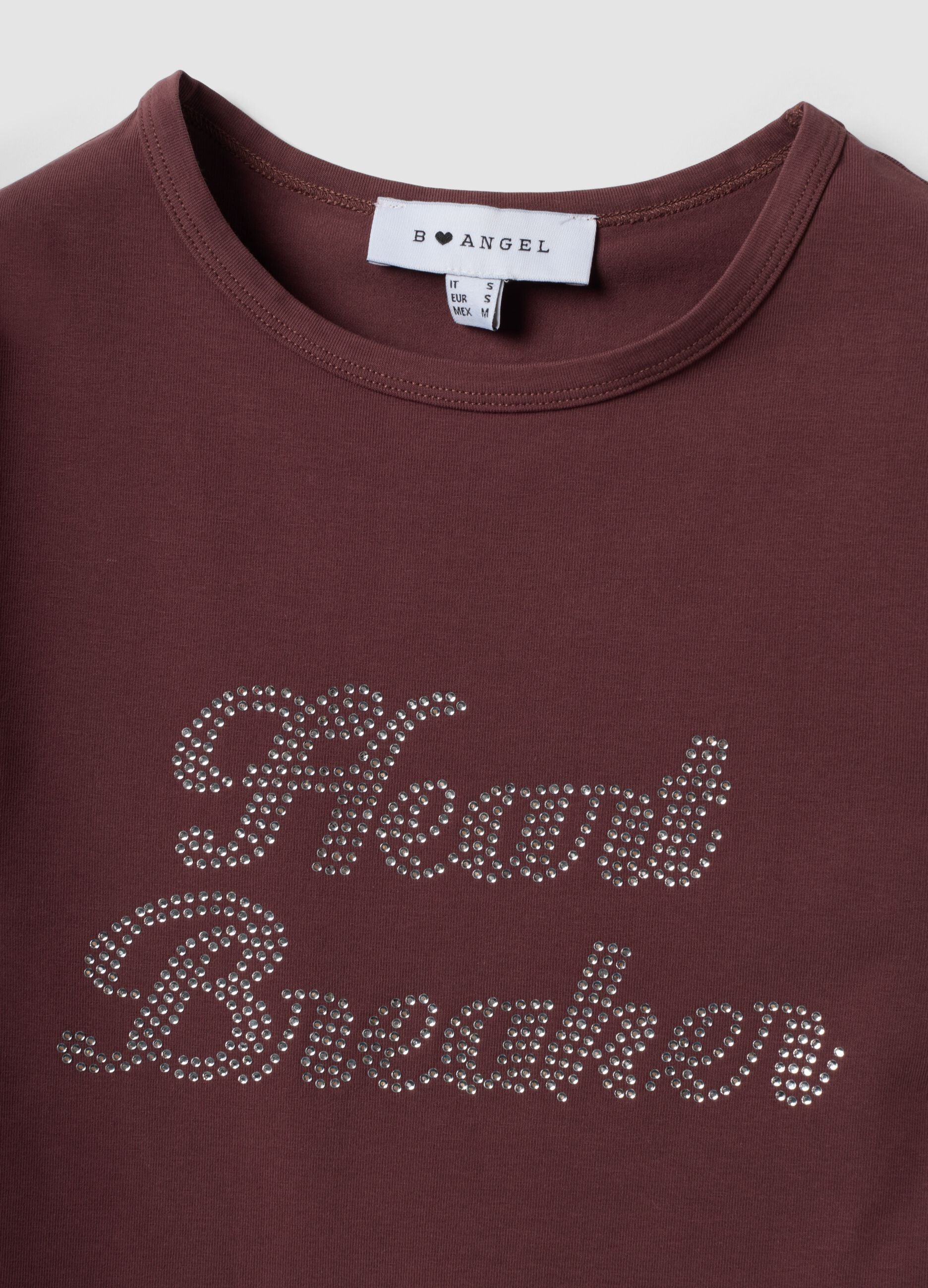 Brown fitted stretch cotton T-shirt with rhinestone embellishments