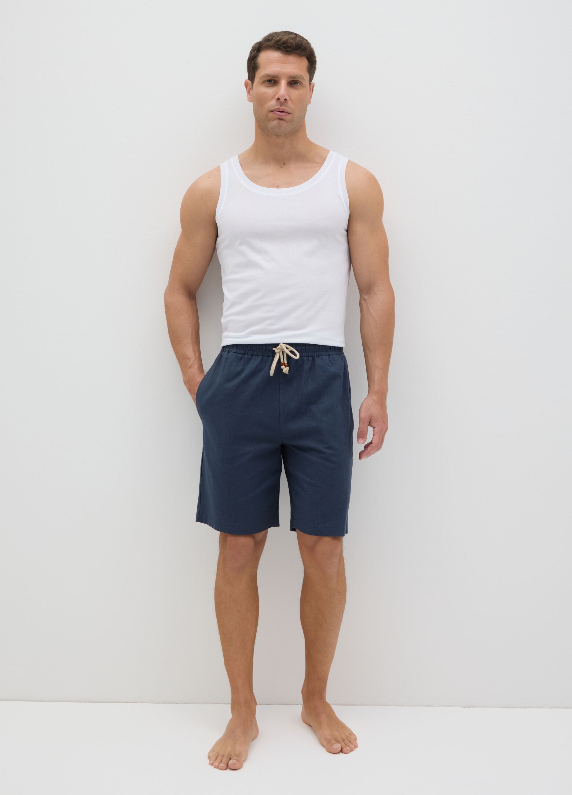 Blue pyjama shorts in cotton and linen