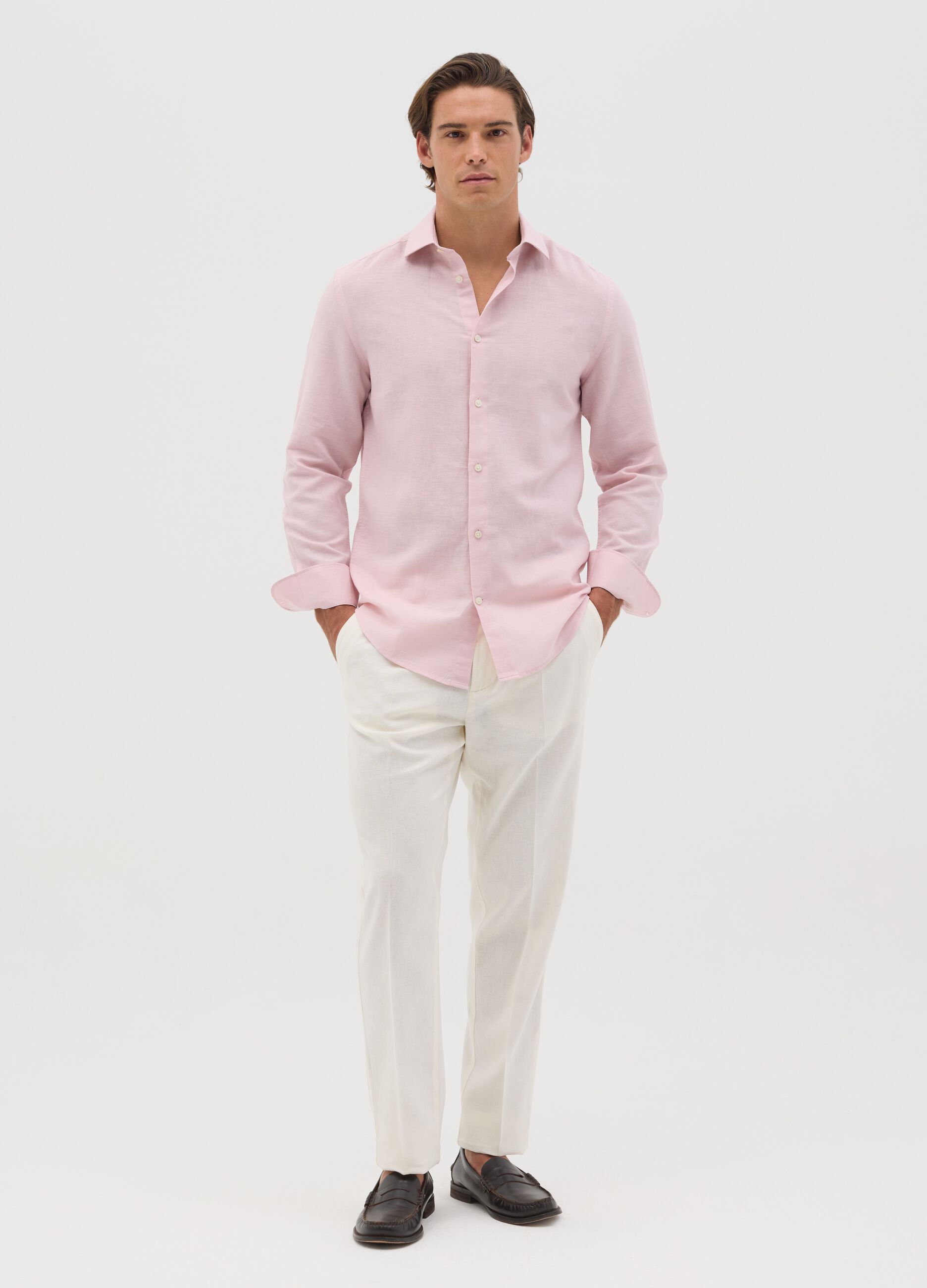 Camicia slim fit in lino e cotone rosa
