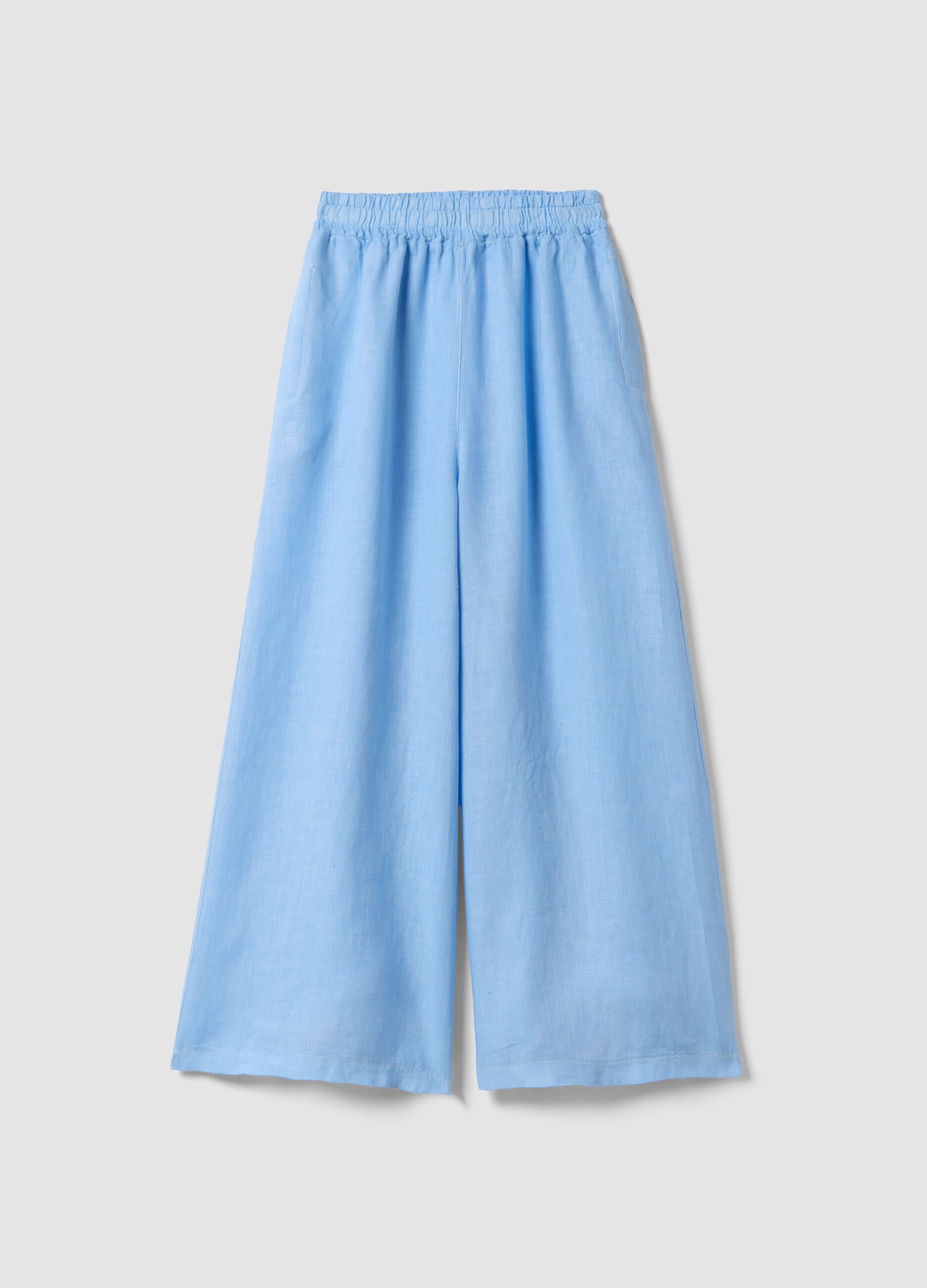 Light blue pure linen wide-leg trousers with a regular fit