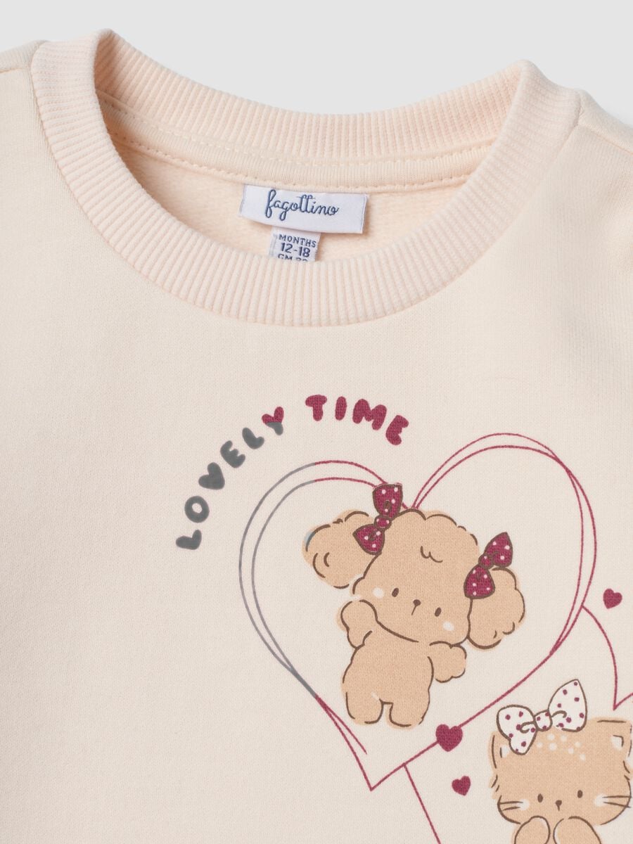Felpa beige in puro cotone con girocollo stampata_2