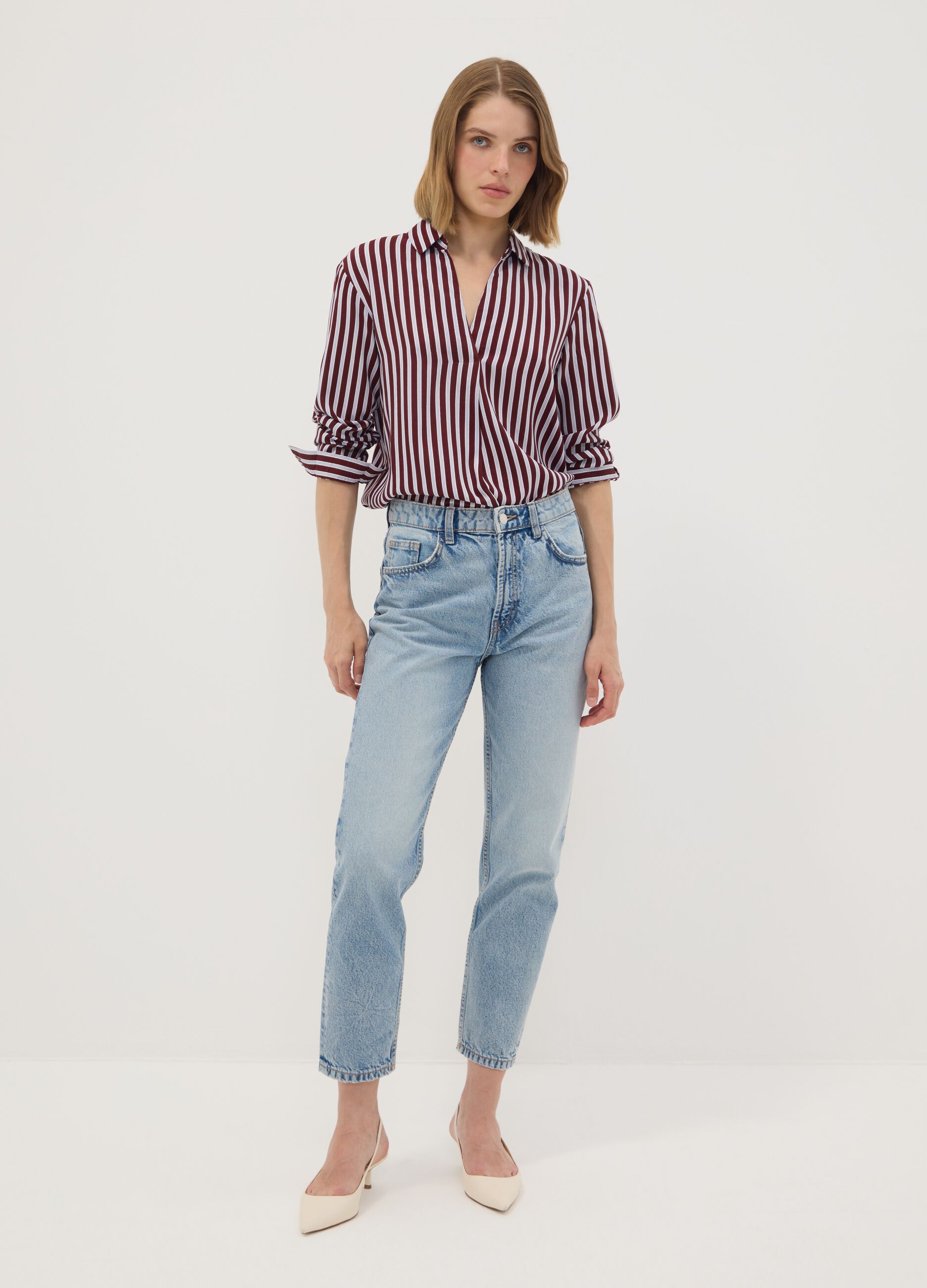 Camicia rossa a righe in pura viscosa con colletto classico regular fit