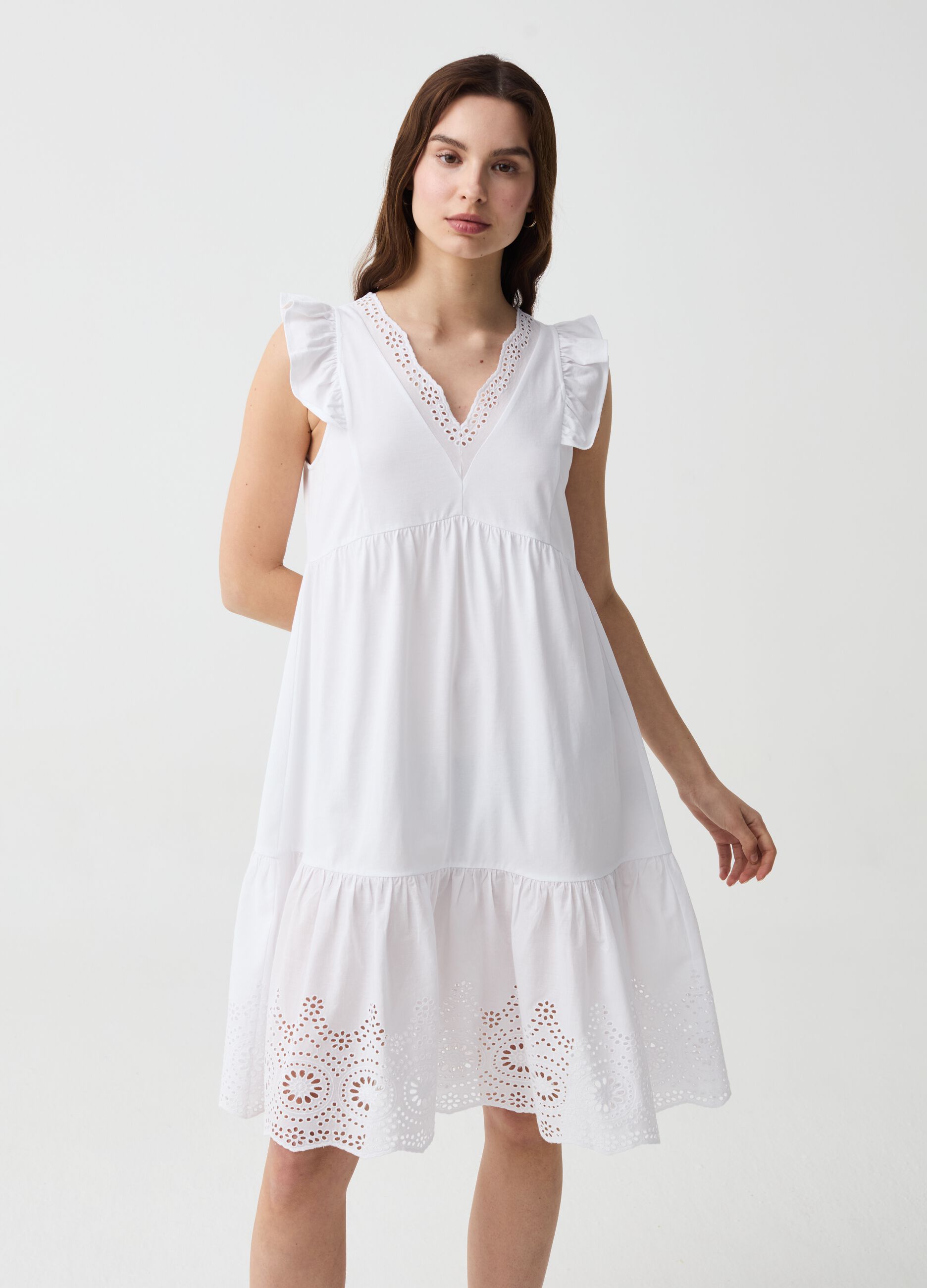 Short tiered dress with broderie anglaise details