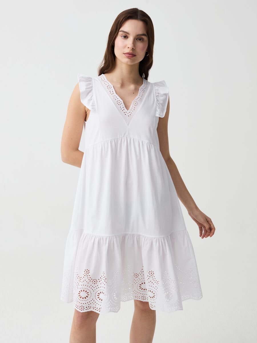 Short tiered dress with broderie anglaise details_0