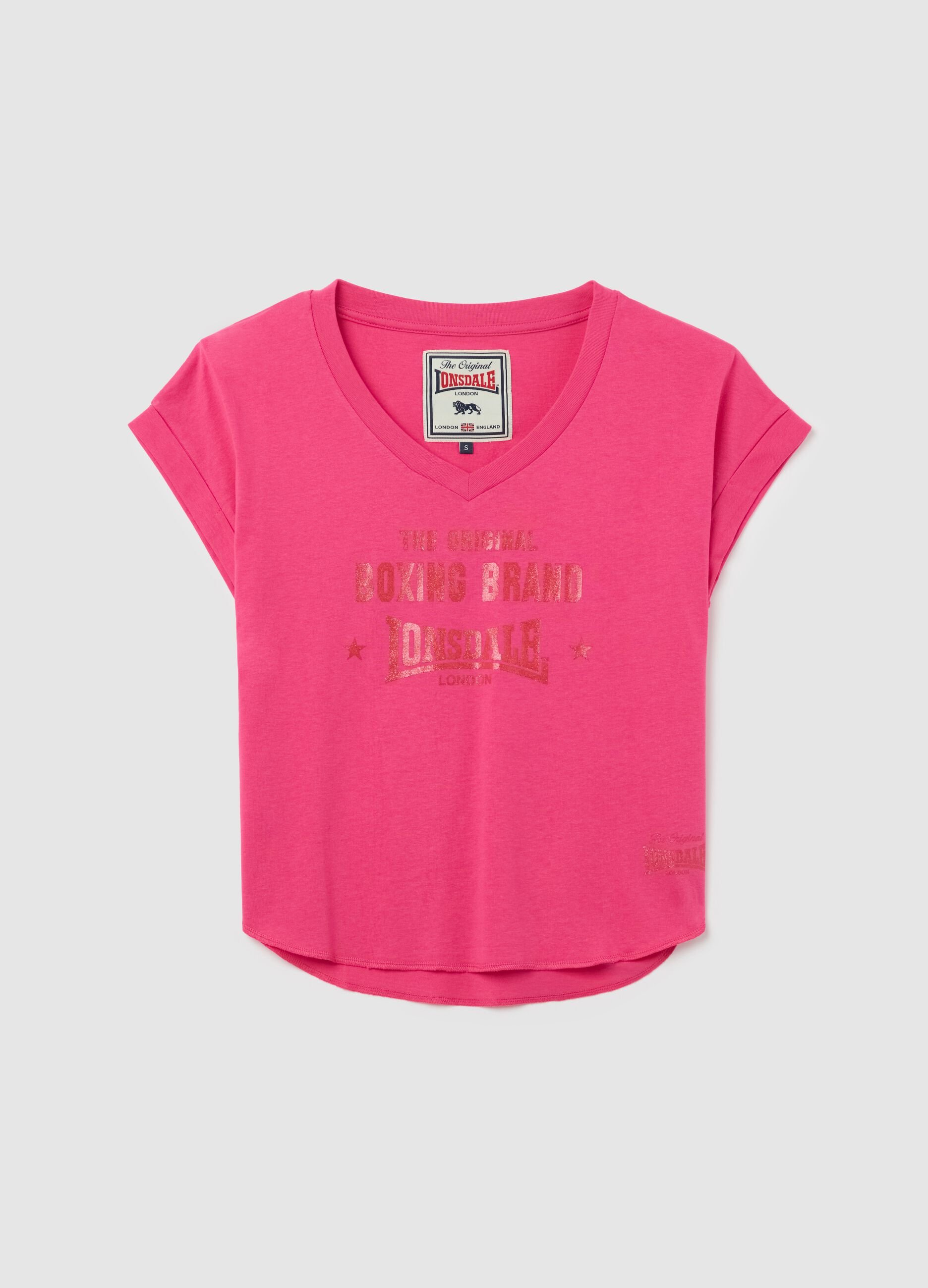 Pink T-shirt in cotton with V neck and logo print