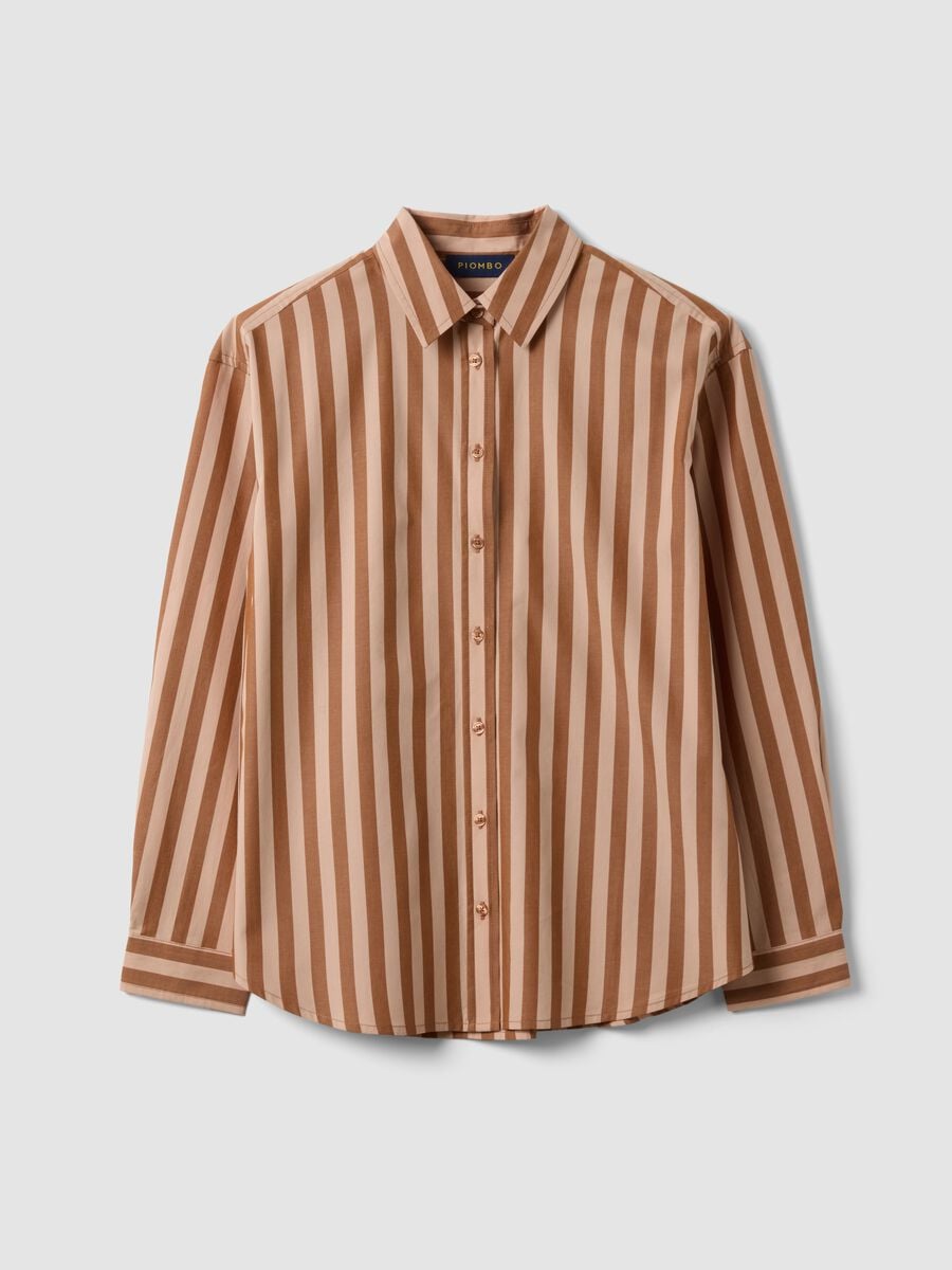 Camicia marrone a righe in popeline di puro cotone regular fit_0