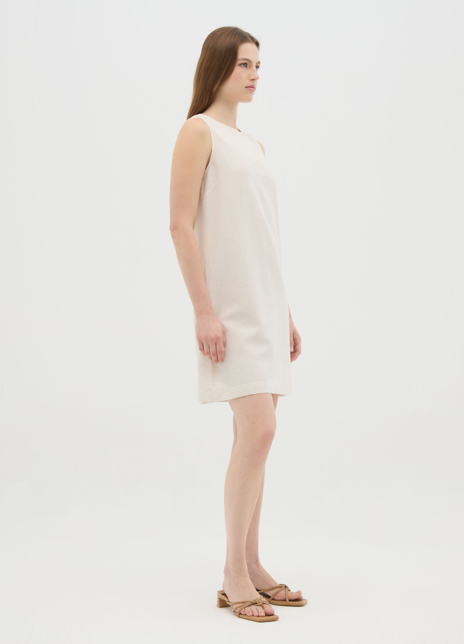 Women's Sleeveless Cotton Blend Dress in Beige Regular Fit