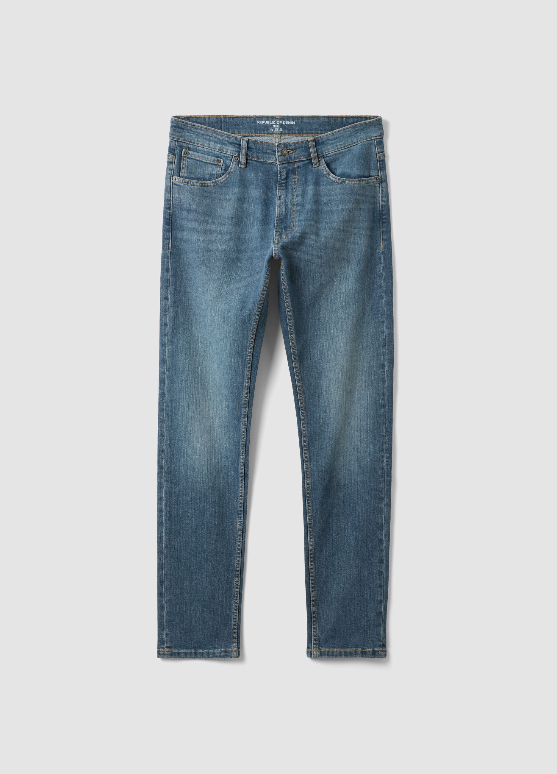 Mid-wash slim-fit stretch cotton jeans