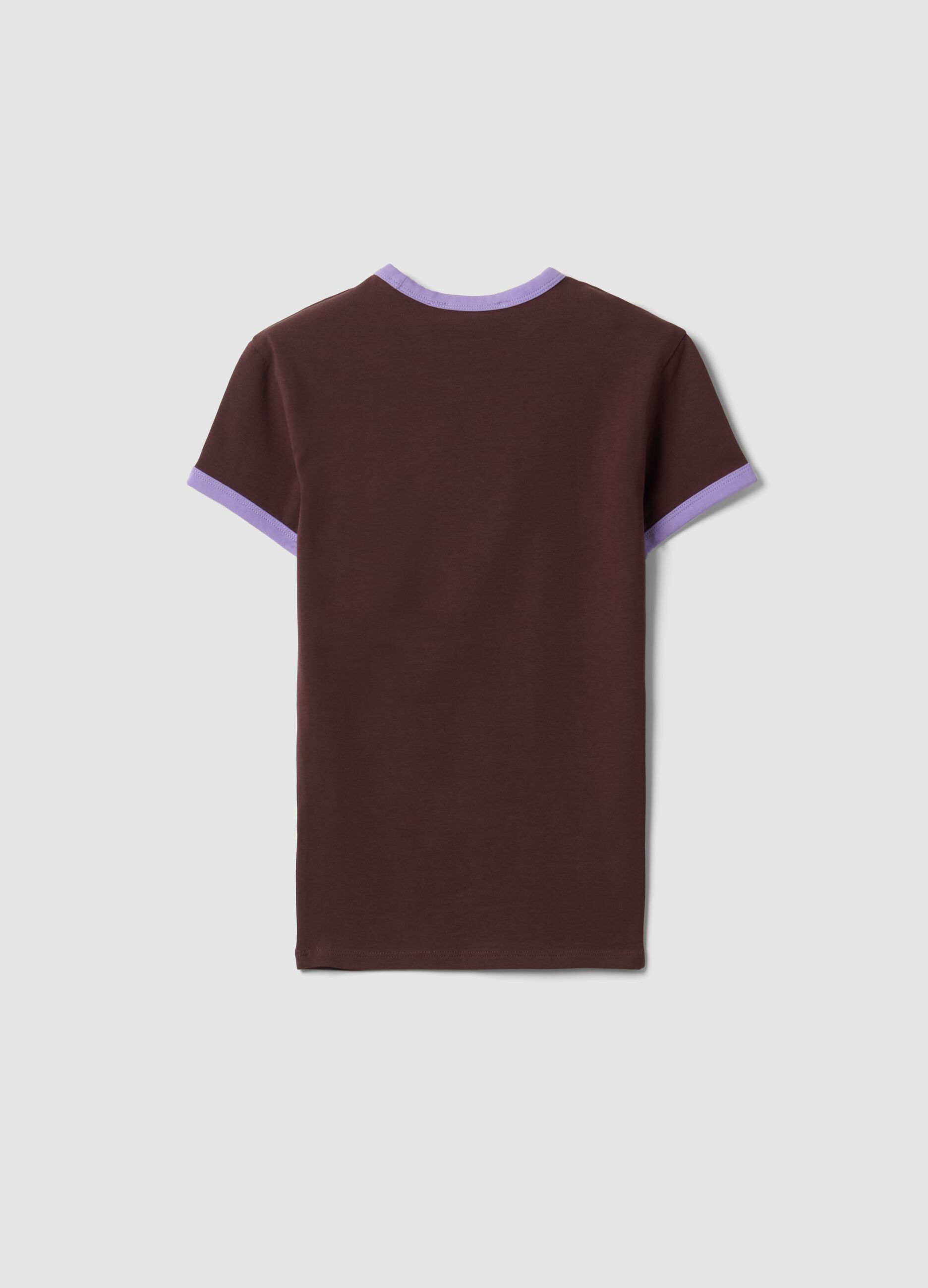 Brown fitted stretch-cotton T-shirt with contrast trims