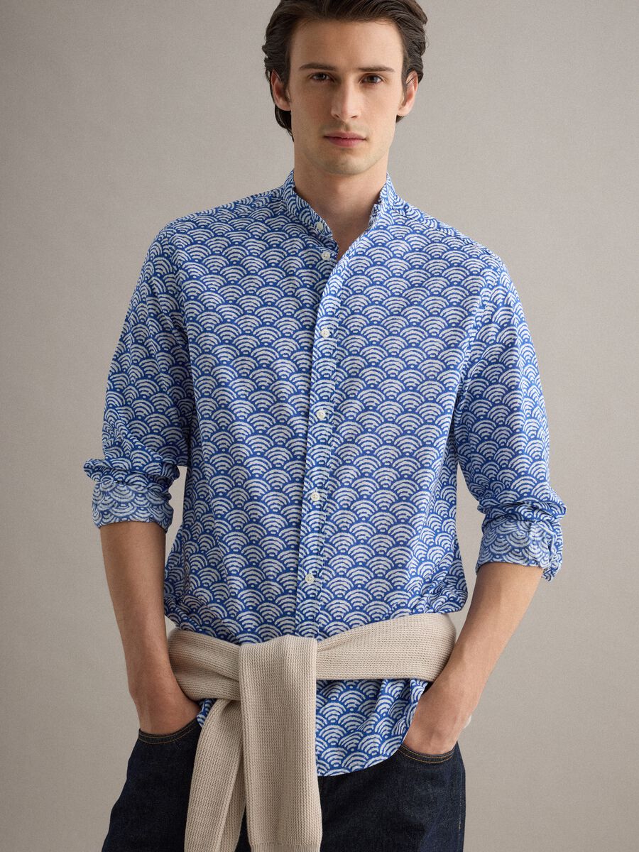 Camicia multicolor con collo alla coreana in puro cotone regular fit_0