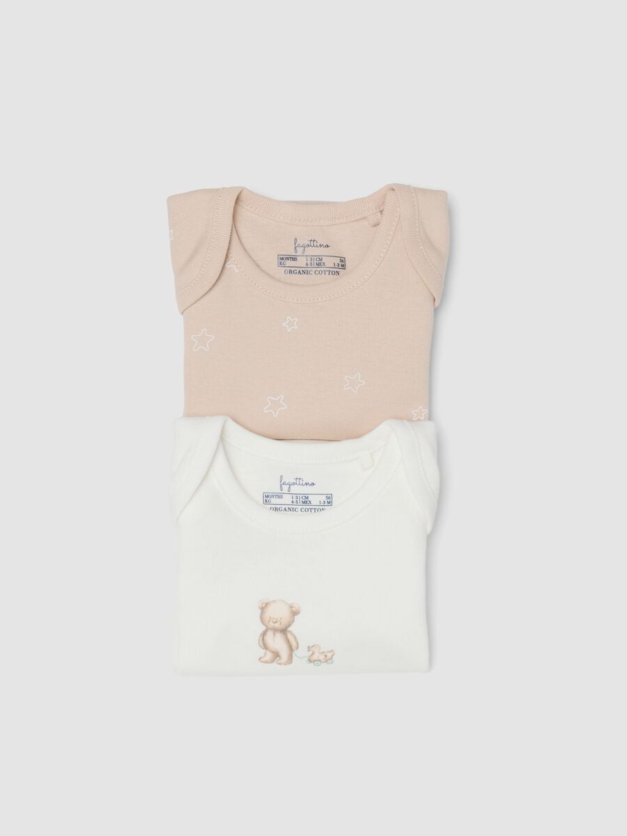 Bipack di body bianco e beige in cotone organico a maniche corte per neonati_2