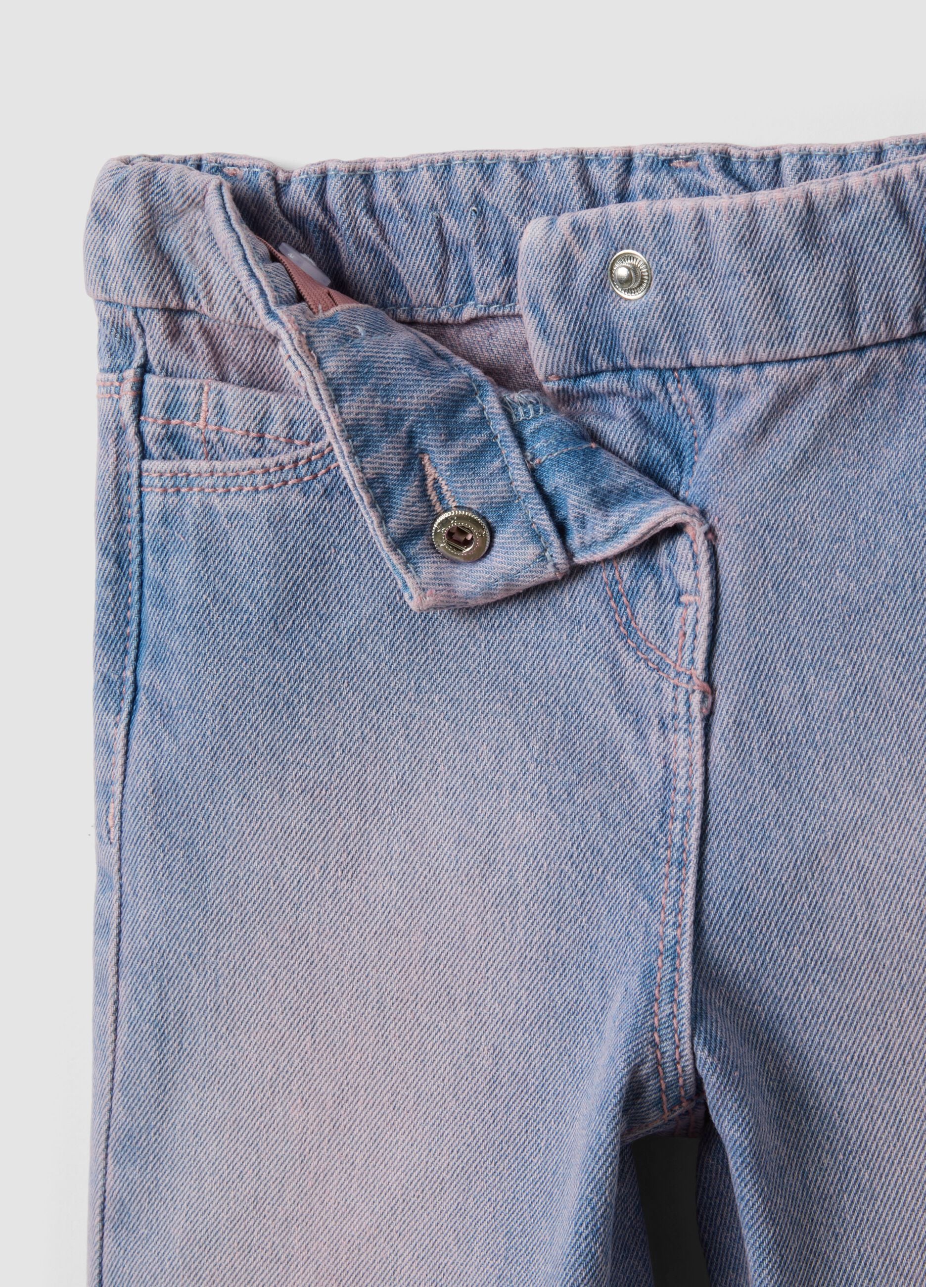 Blue denim straight-fit jeans in pure cotton with turn-up cuffs for baby girl