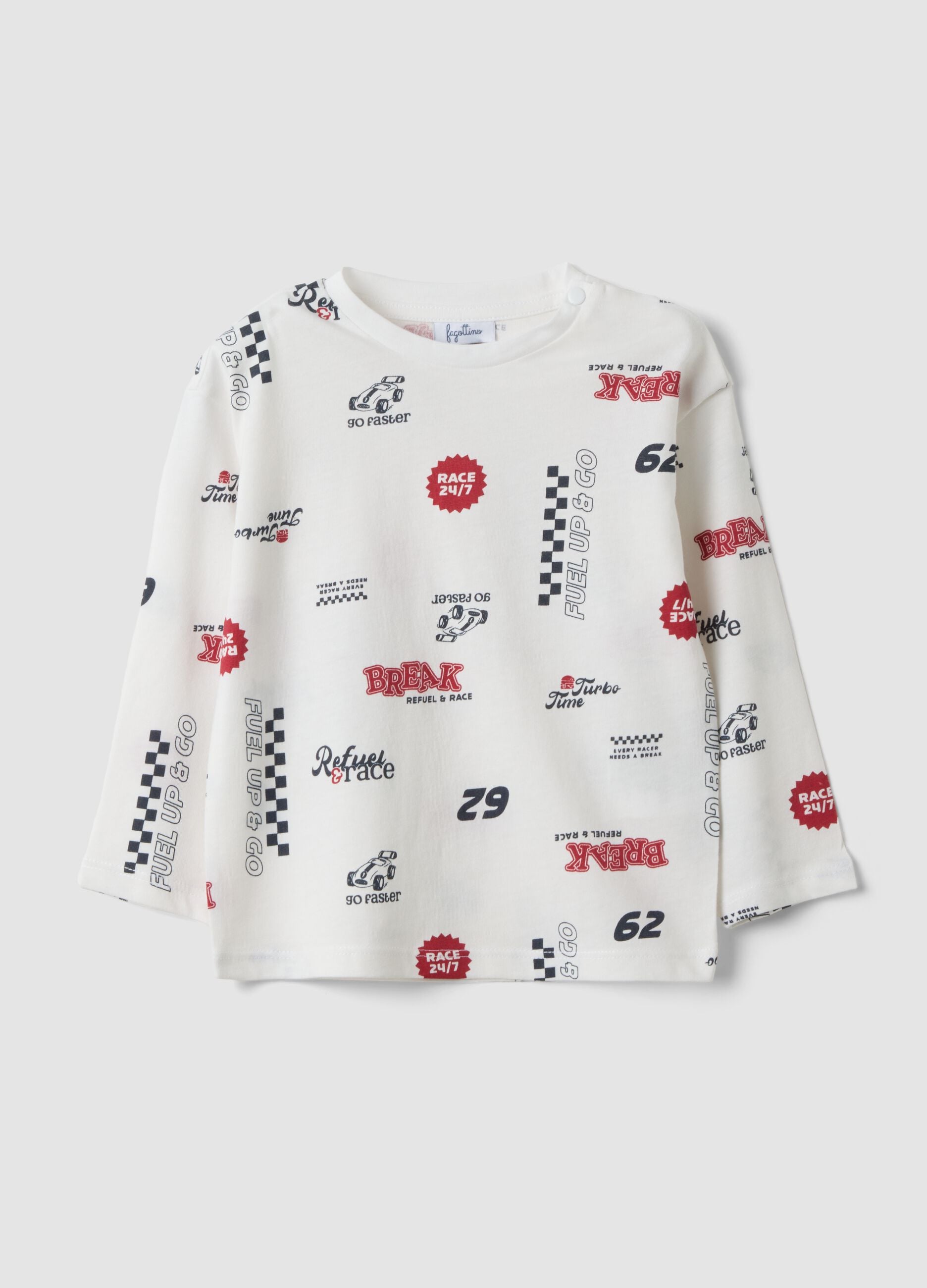White pure organic cotton racing-print T-shirt for baby boy