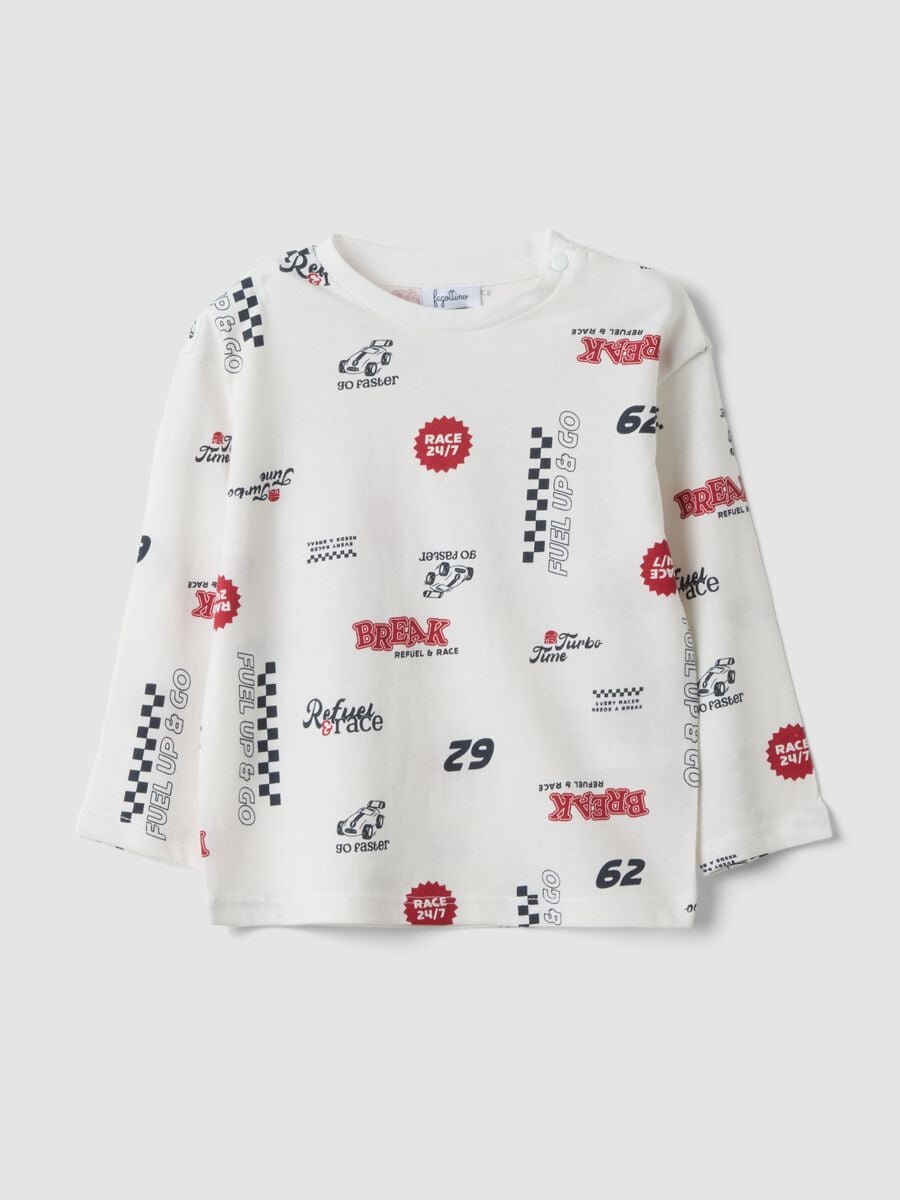 T-shirt bianca in puro cotone organico con fantasia racing per bimbo_0