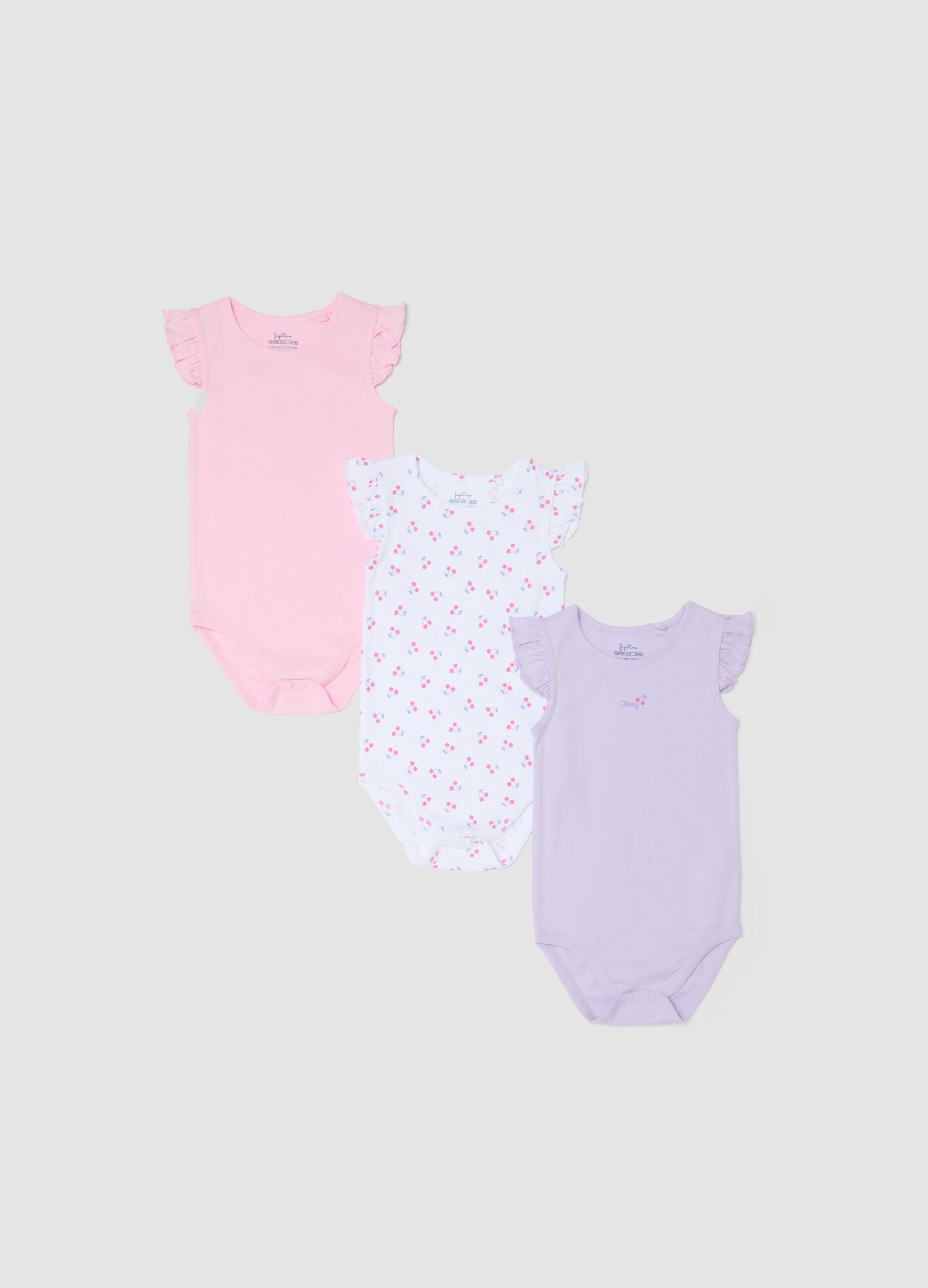 Multicoloured pure cotton baby girl bodysuit tripack with frills