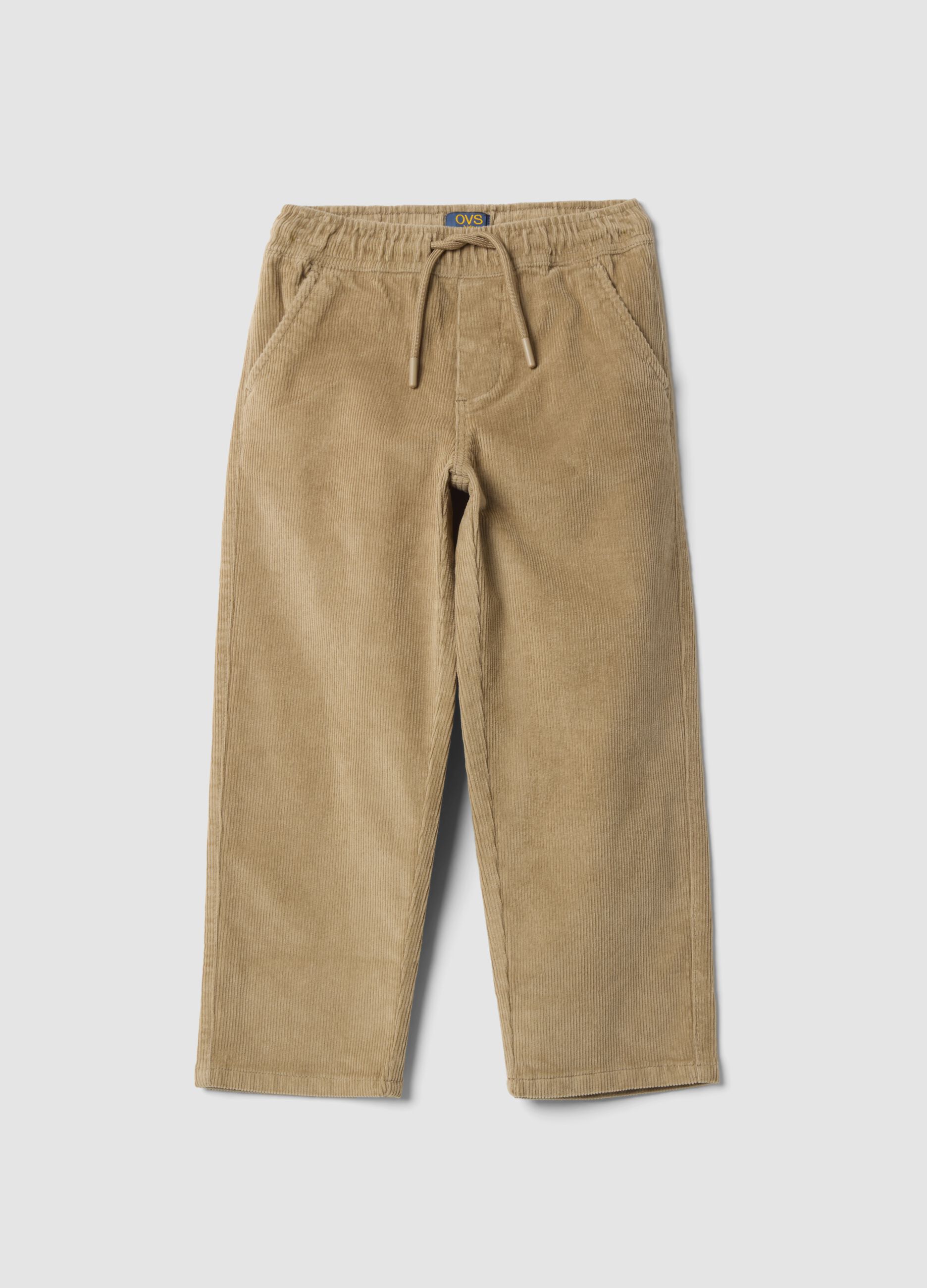 Pantaloni beige in cotone elasticizzato a coste