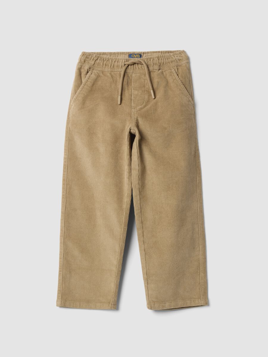 Pantaloni beige in cotone elasticizzato a coste_0