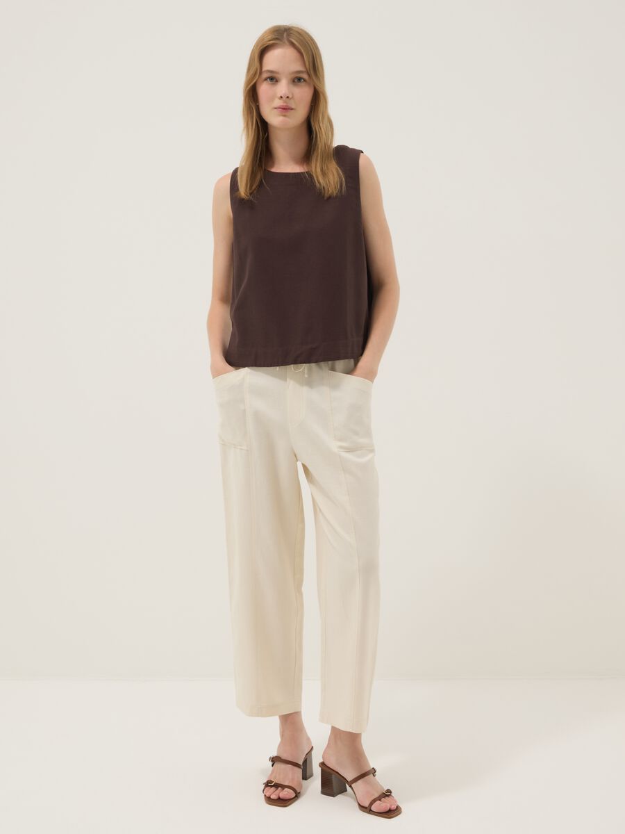 White viscose-linen blend trousers with drawstring, straight fit_0