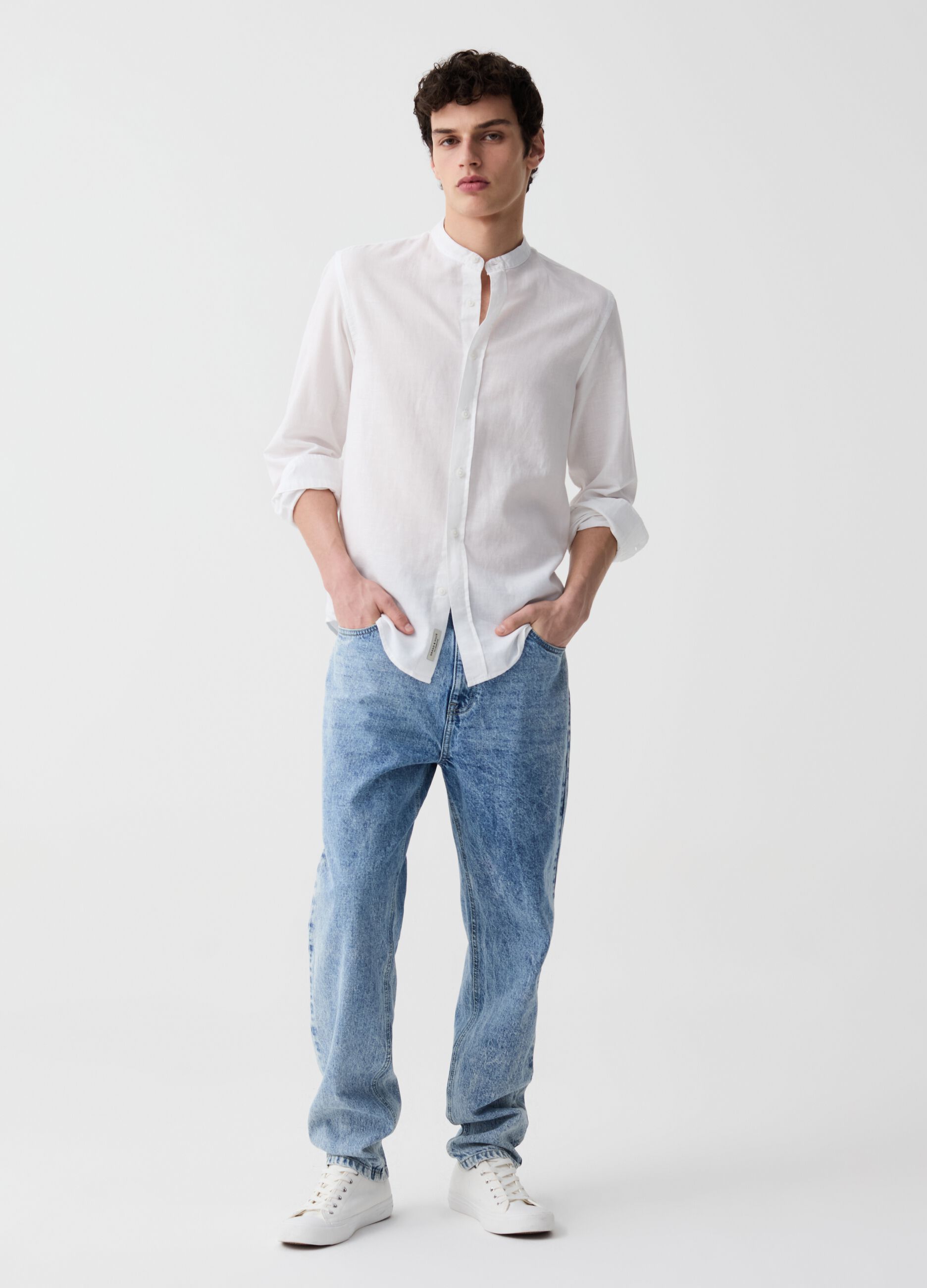Ovs Camicia in cotone e lino collo alla coreana