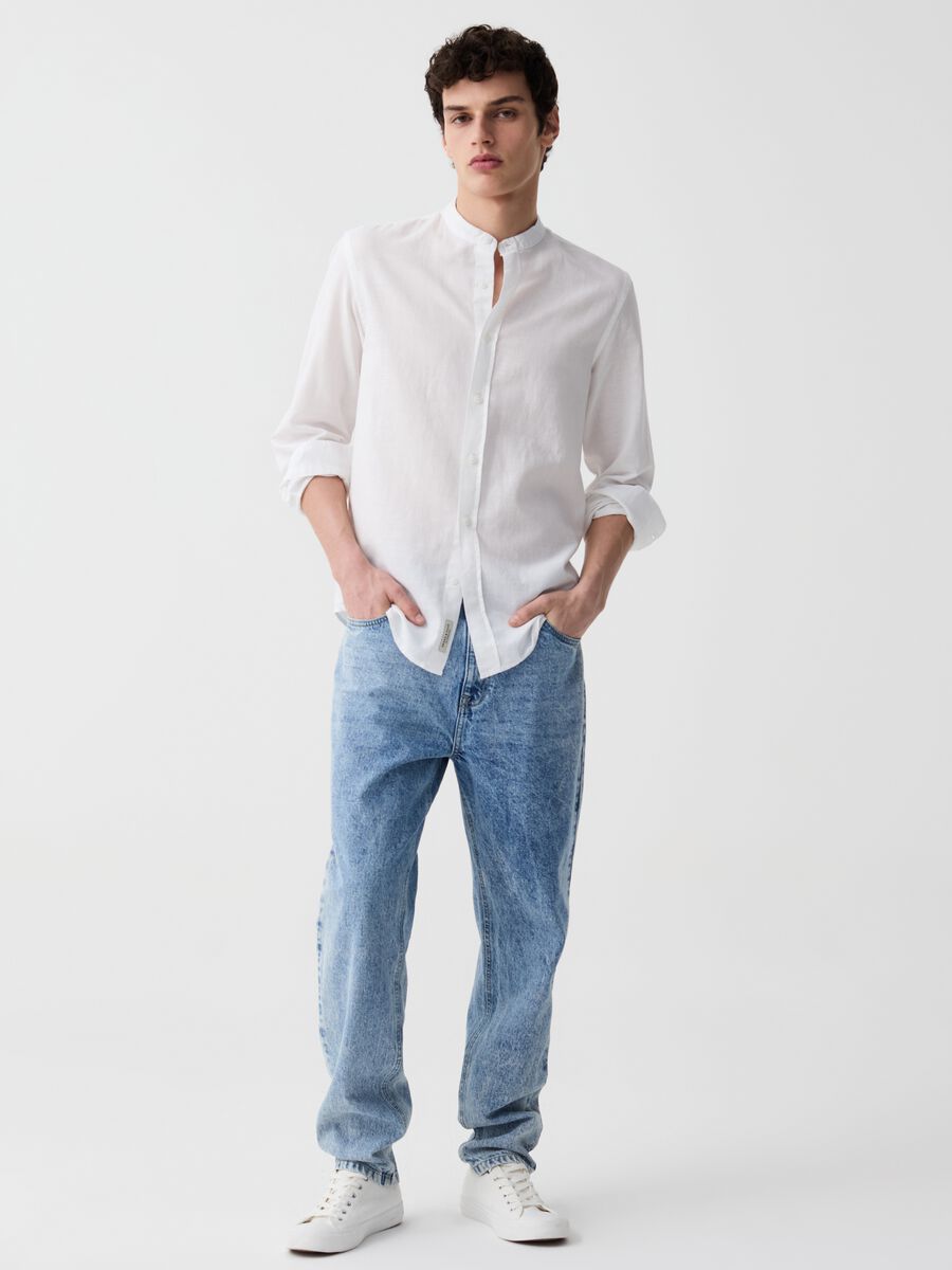 Cotton and linen shirt with mandarin collar_0
