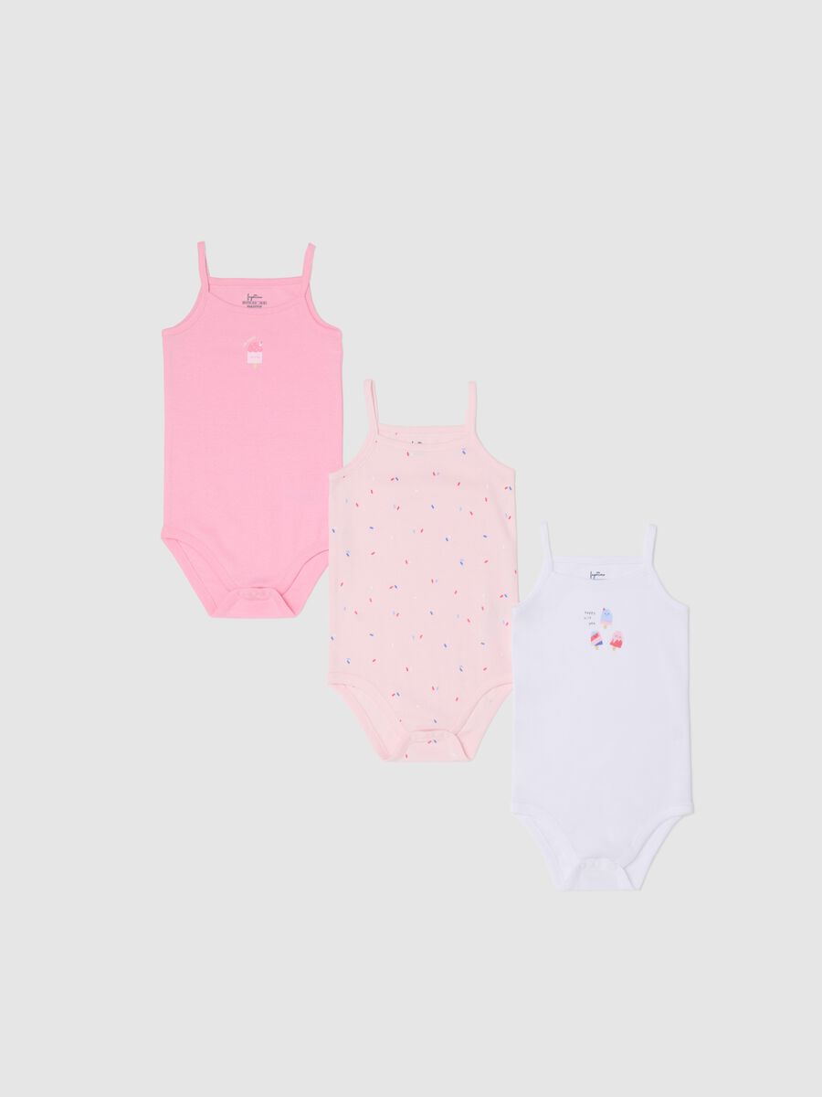 Three-pack white and pink bodysuits in organic cotton with print_0