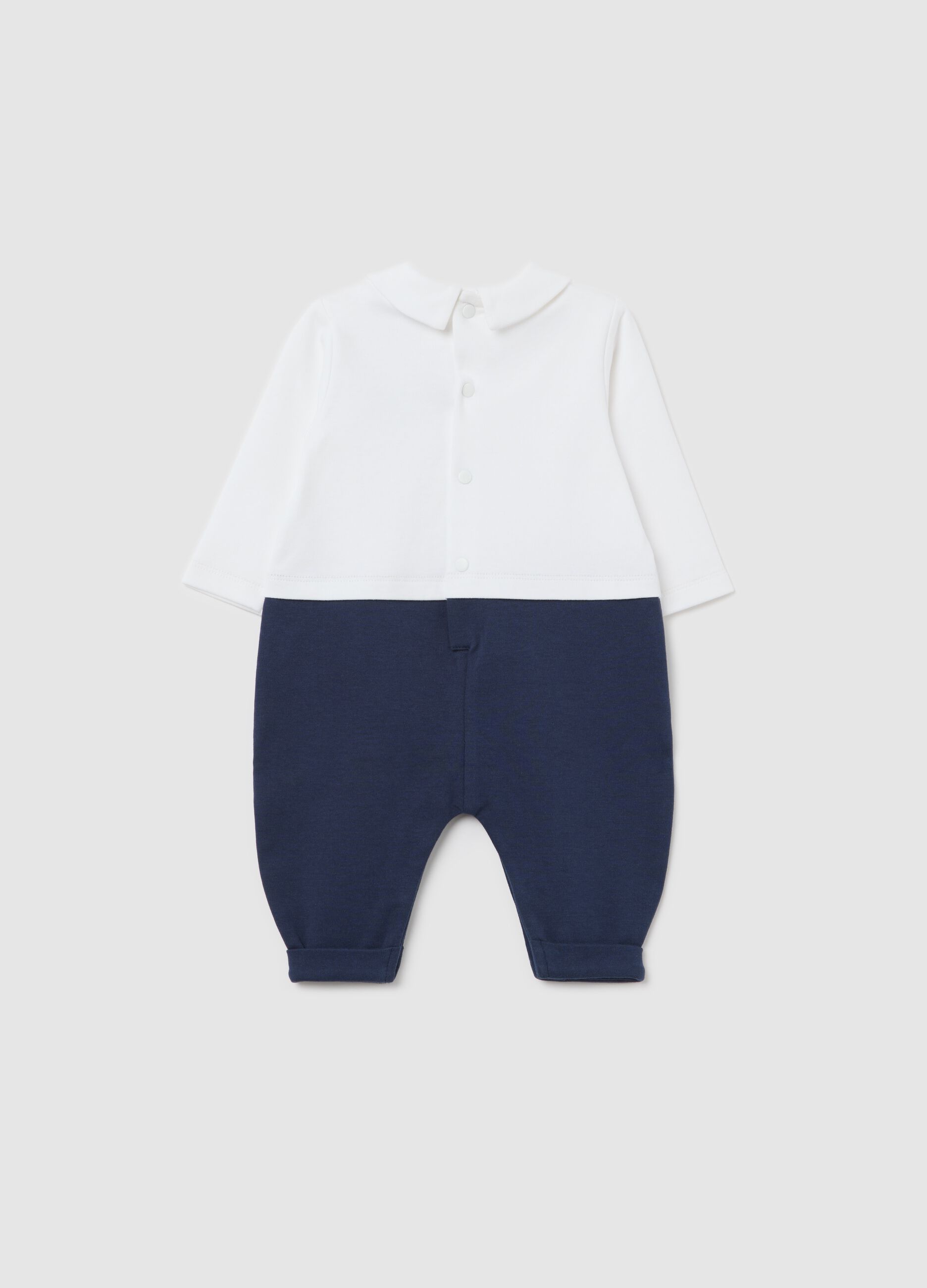 Blue two-tone cotton onesie with fish embroidery