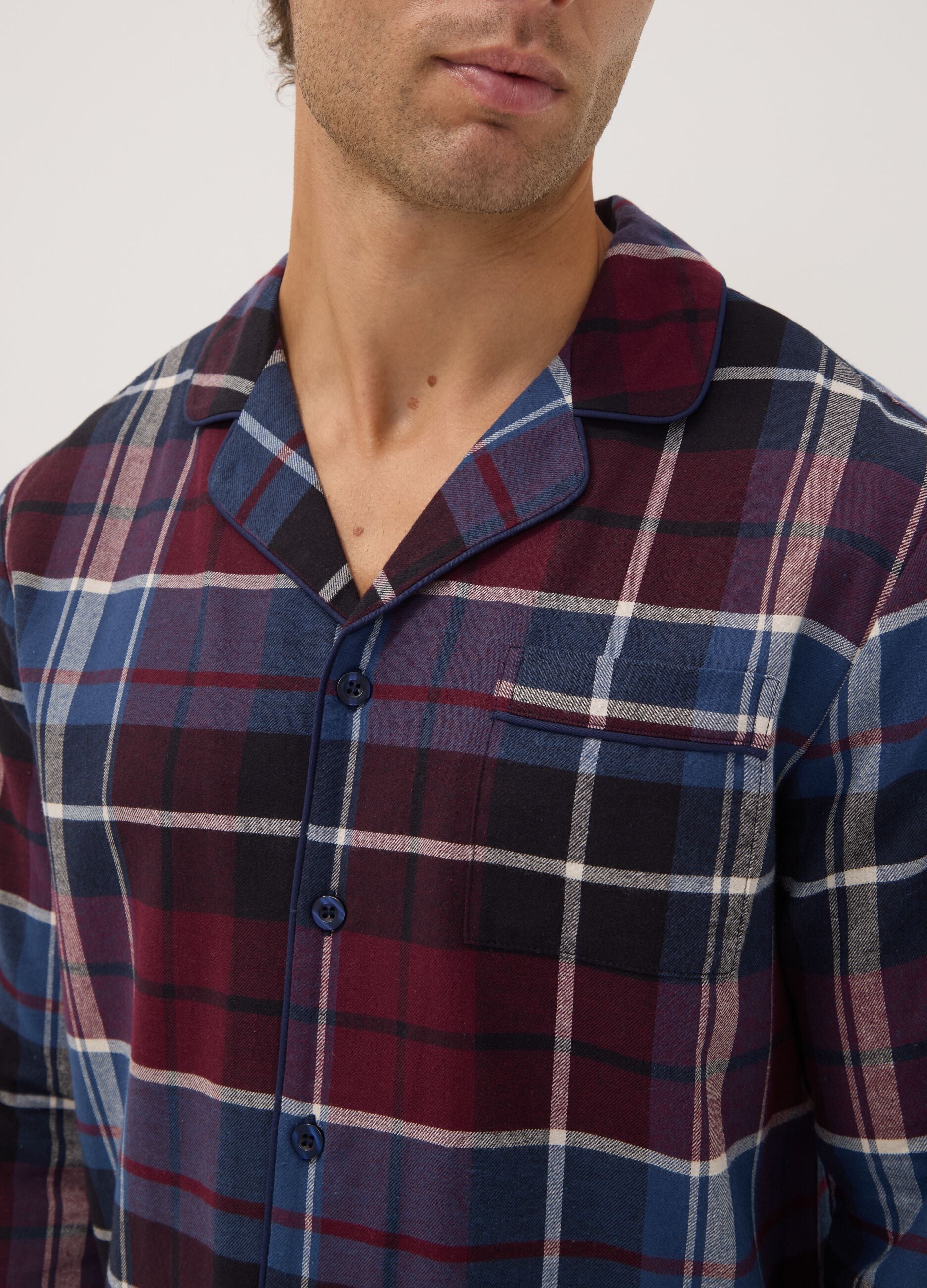 Pigiama rosso e blu in flanella di puro cotone organico regular fit