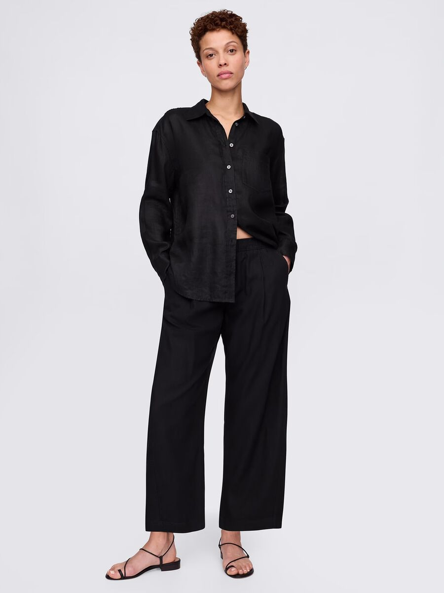 Black wide trousers in linen and viscose_0